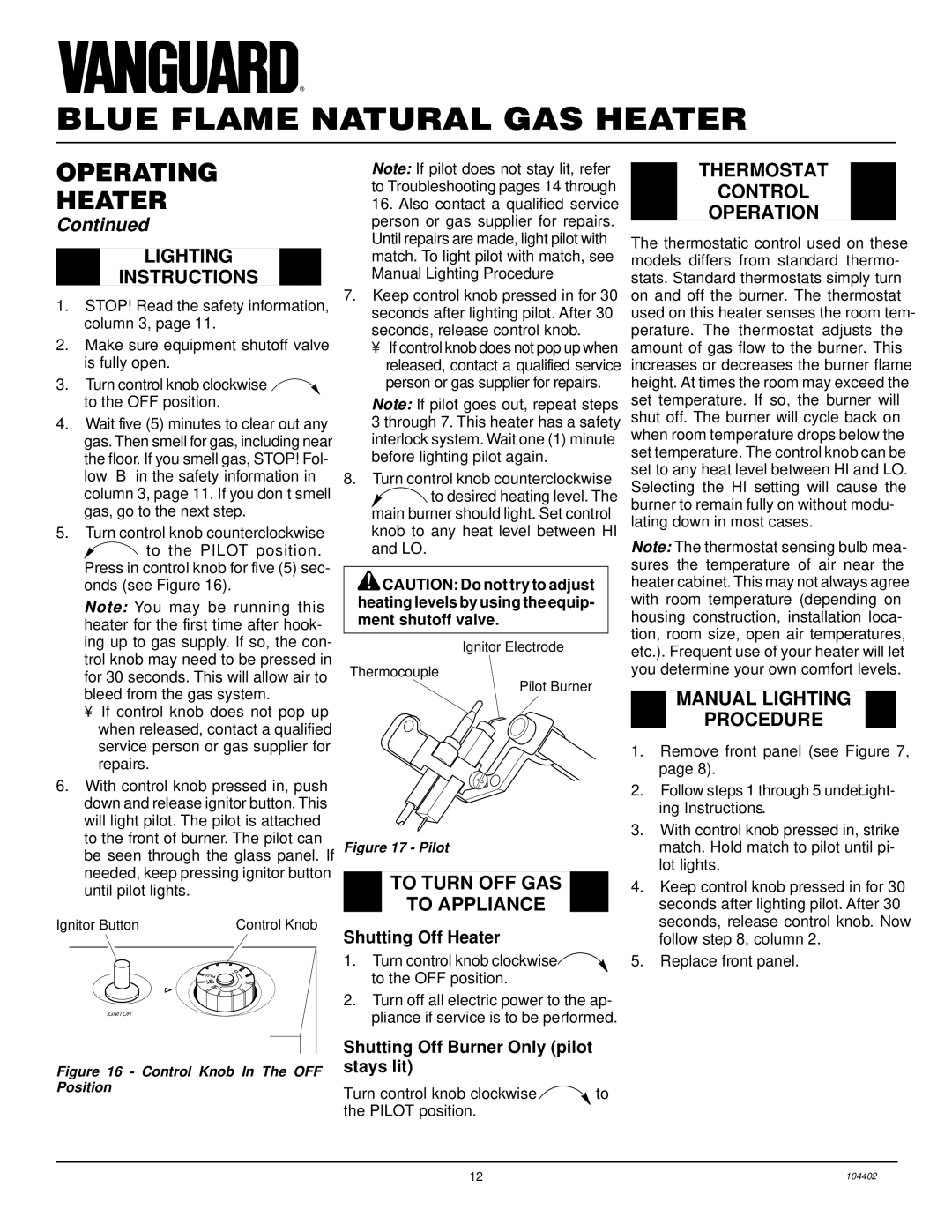 Desa VN2800BTD, VN2000BTD Lighting Instructions, To Turn OFF GAS To Appliance, Thermostat Control Operation 