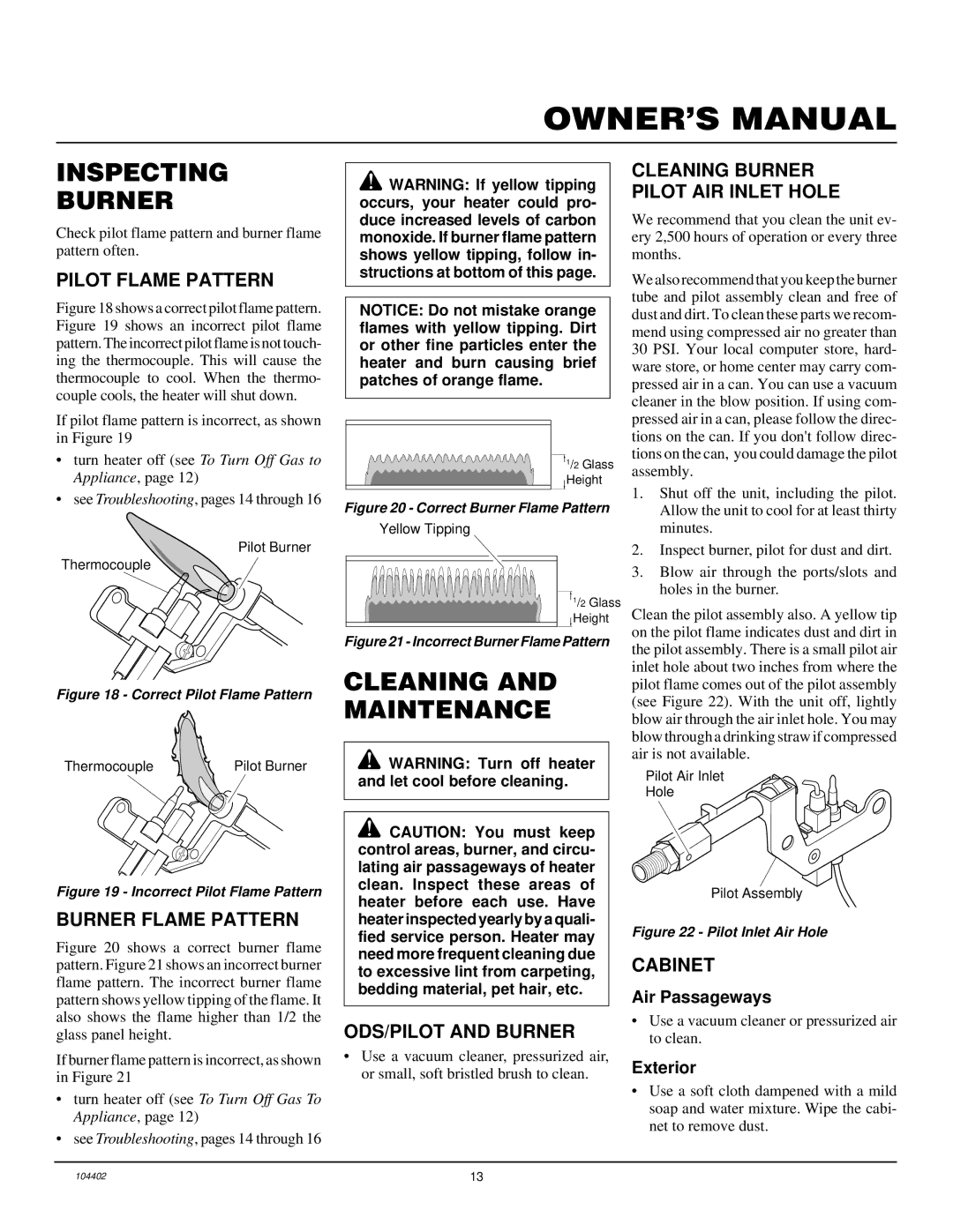 Desa VN2000BTD, VN2800BTD installation manual Inspecting Burner, Cleaning and Maintenance 