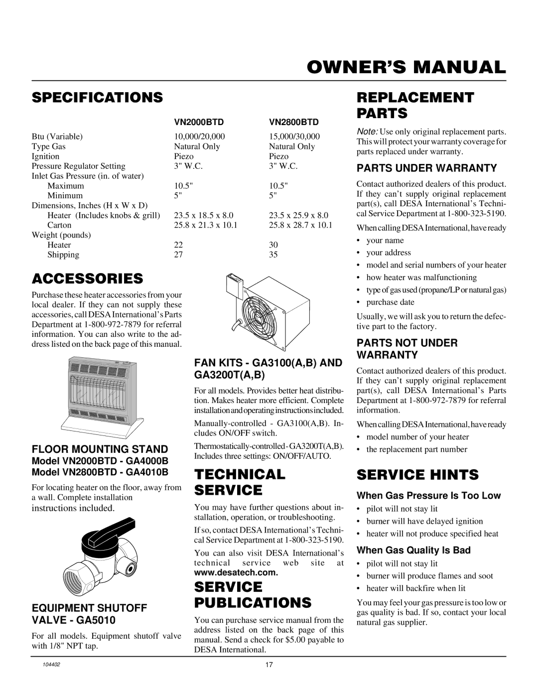 Desa VN2000BTD Specifications, Replacement Parts, Accessories, Technical Service, Service Publications, Service Hints 