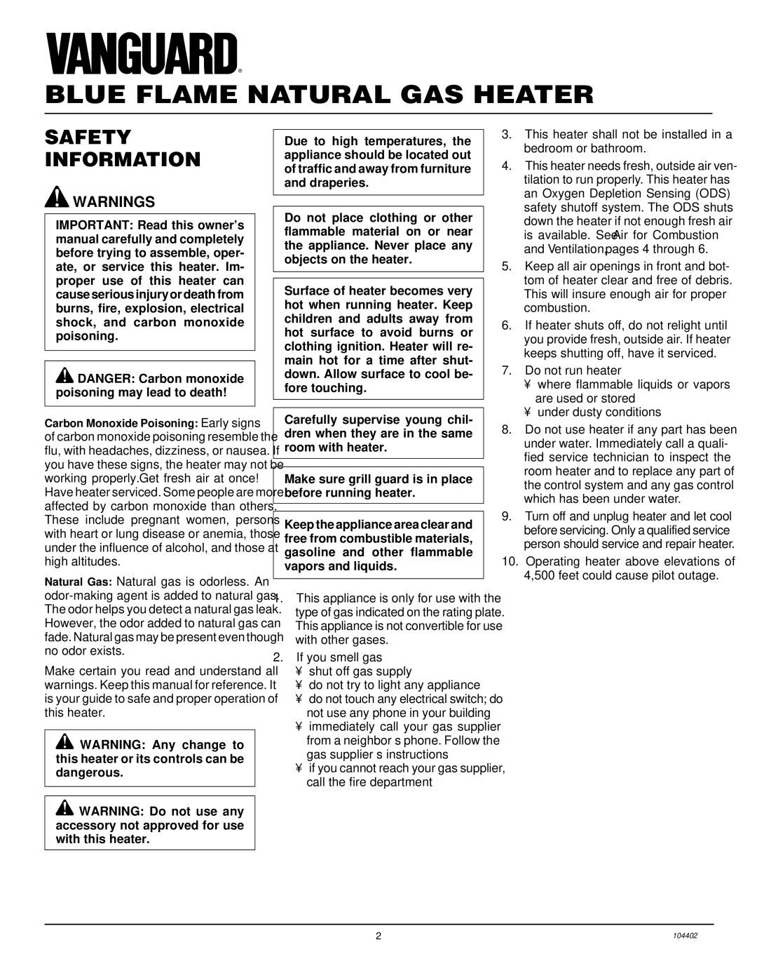 Desa VN2800BTD, VN2000BTD installation manual Blue Flame Natural GAS Heater, Safety Information 