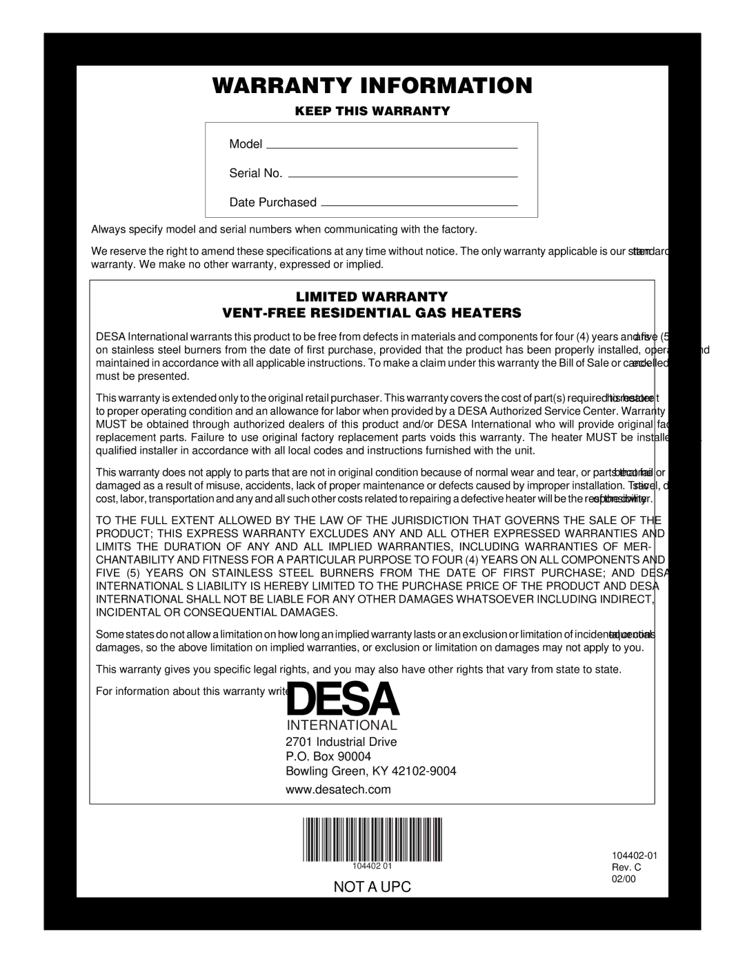 Desa VN2800BTD, VN2000BTD installation manual Warranty Information 