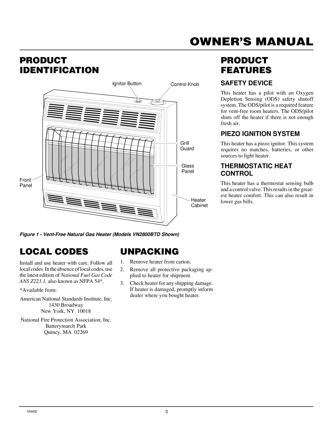 Desa VN2000BTD, VN2800BTD installation manual Product Identification, Product Features, Local Codes, Unpacking 