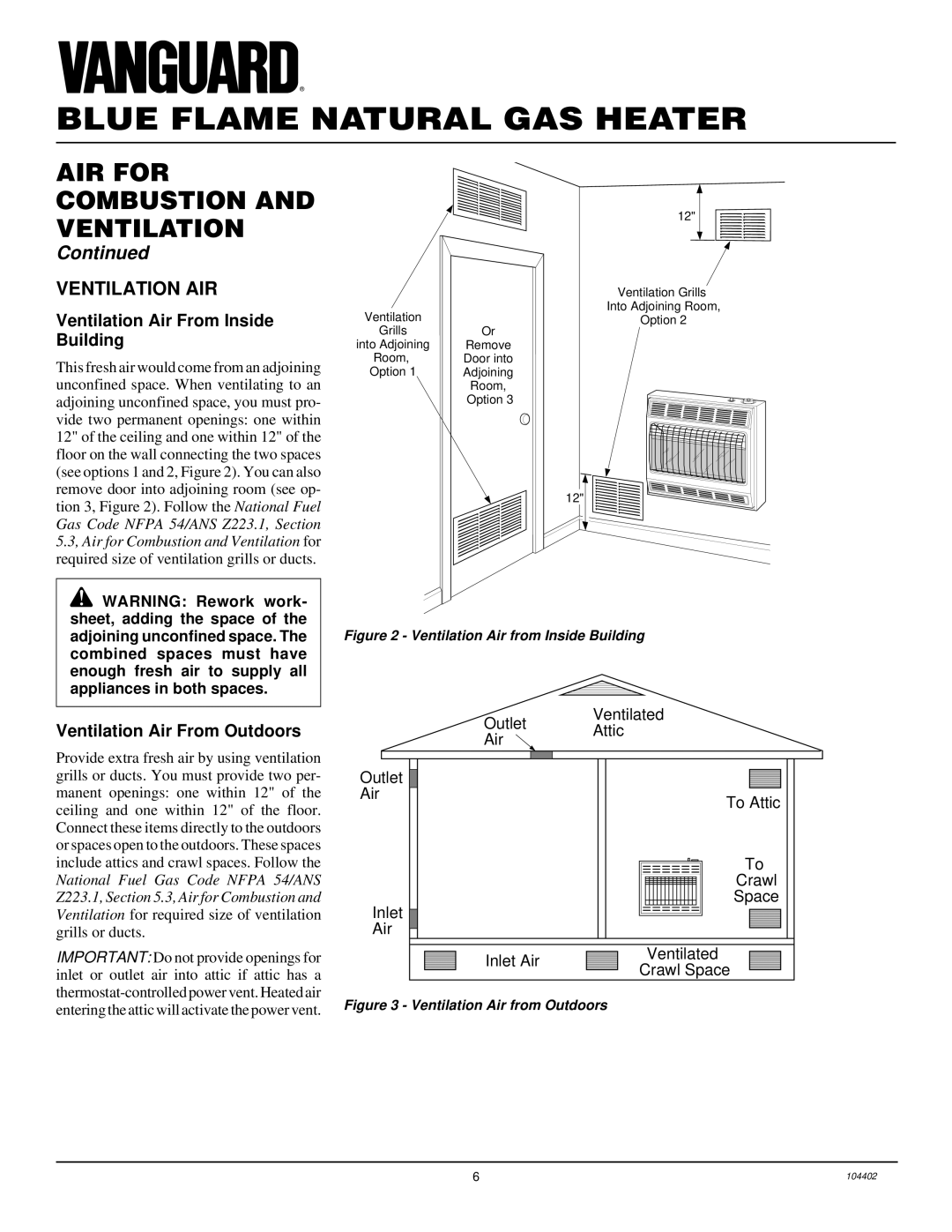 Desa VN2800BTD, VN2000BTD Ventilation AIR, Ventilation Air From Inside Building, Ventilation Air From Outdoors 