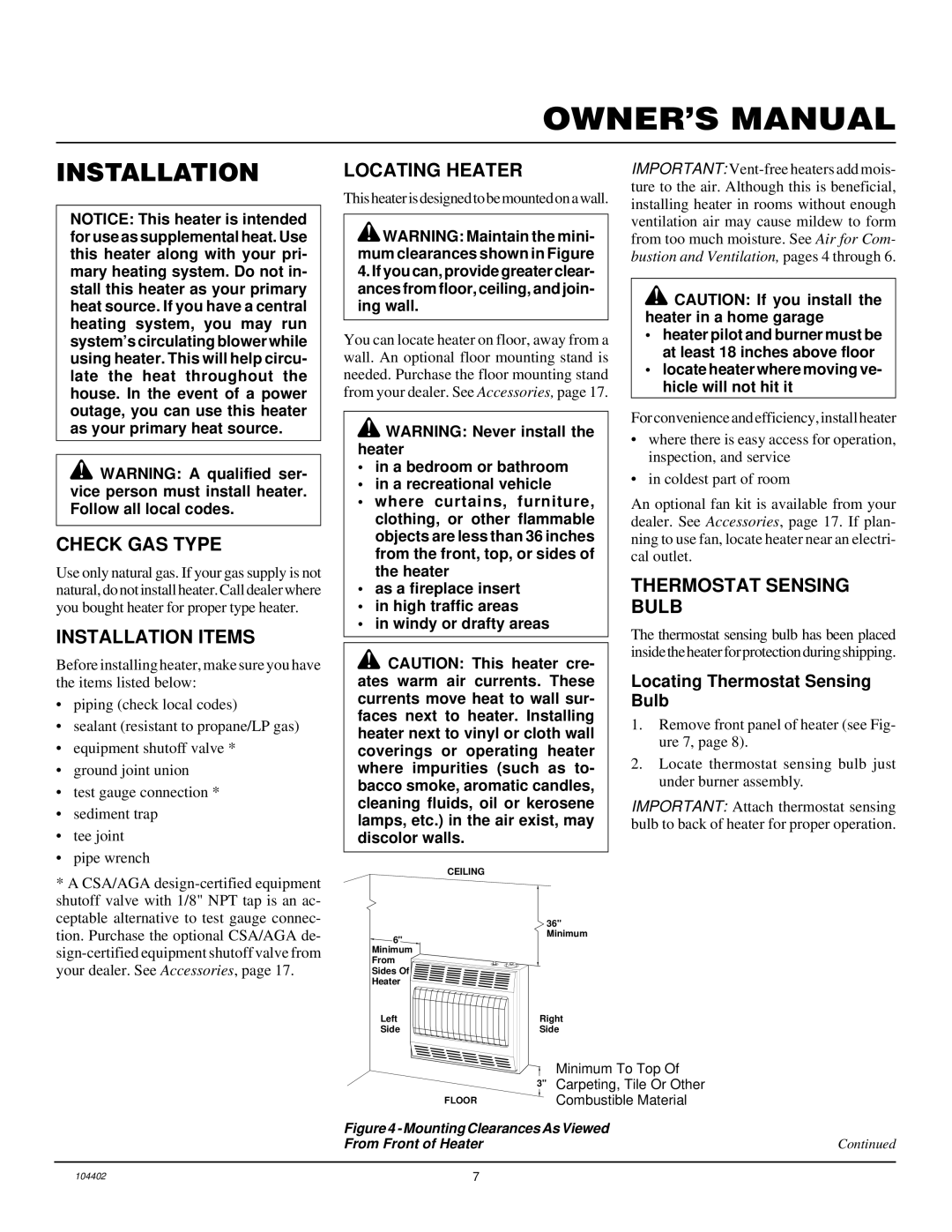 Desa VN2000BTD, VN2800BTD Check GAS Type, Installation Items, Locating Heater, Thermostat Sensing Bulb 