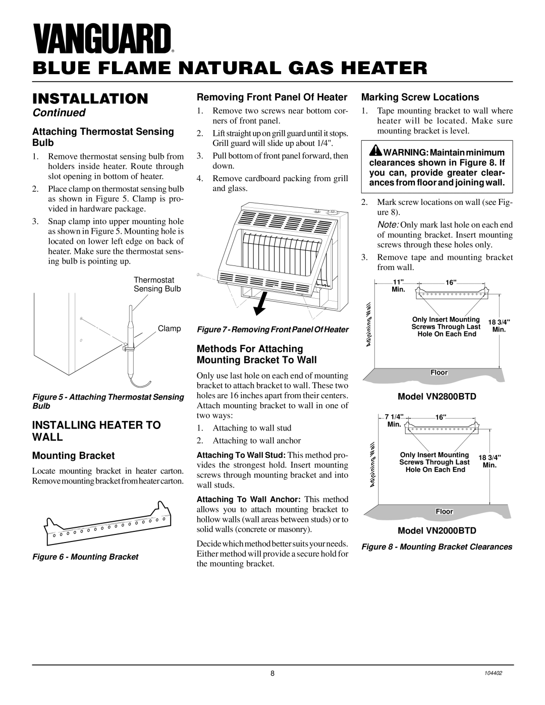 Desa VN2800BTD, VN2000BTD installation manual Installing Heater to Wall 