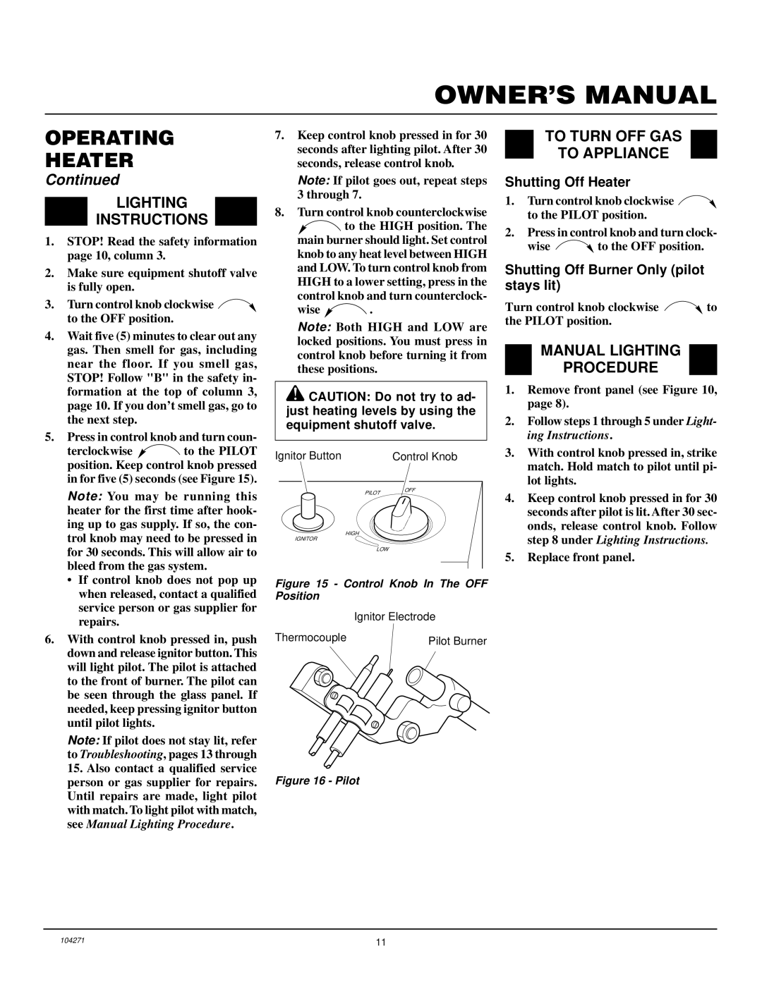 Desa VN600BA Lighting Instructions, To Turn OFF GAS To Appliance, Manual Lighting Procedure, Shutting Off Heater 