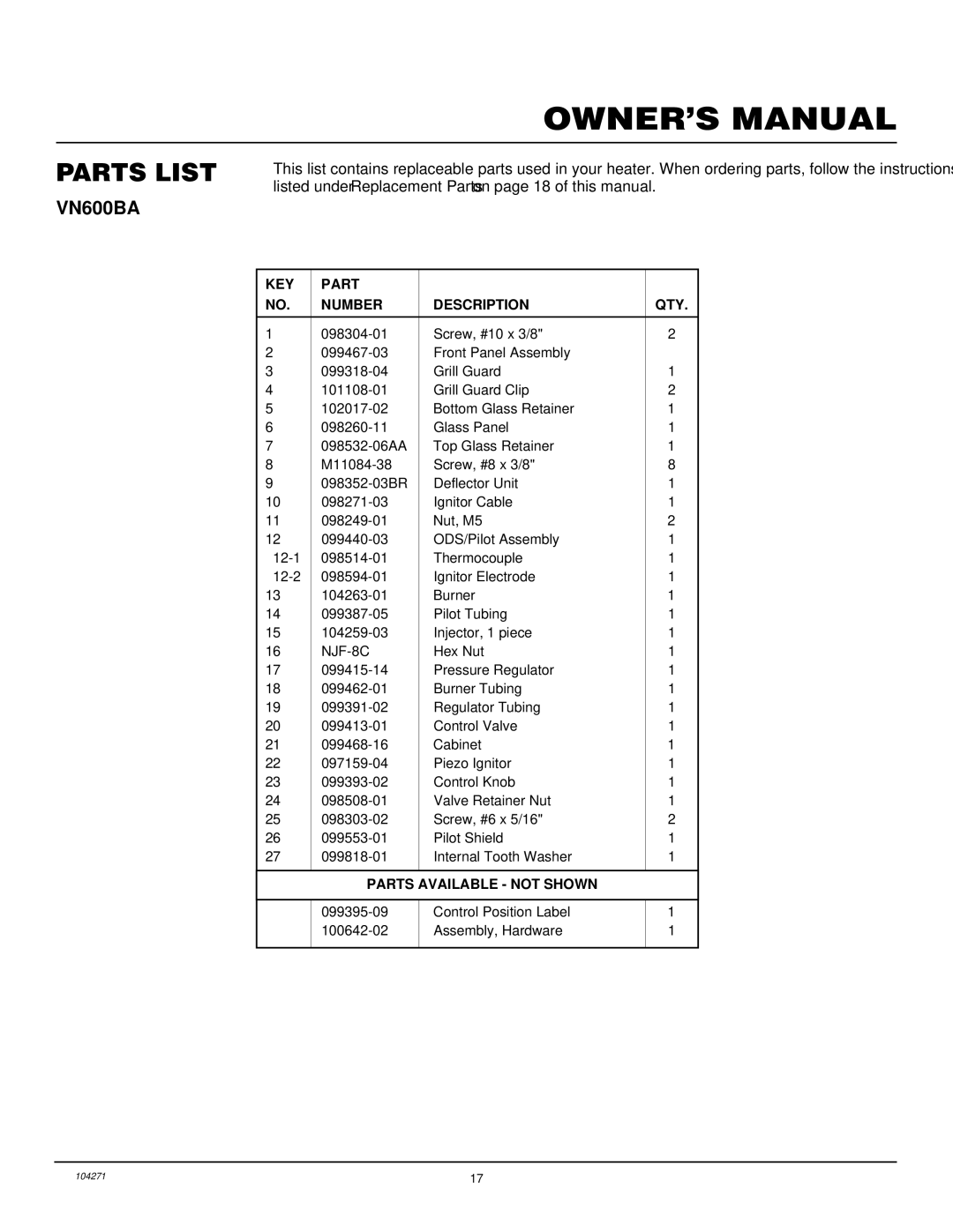 Desa VN600BA installation manual Parts List, KEY Part Number Description QTY 