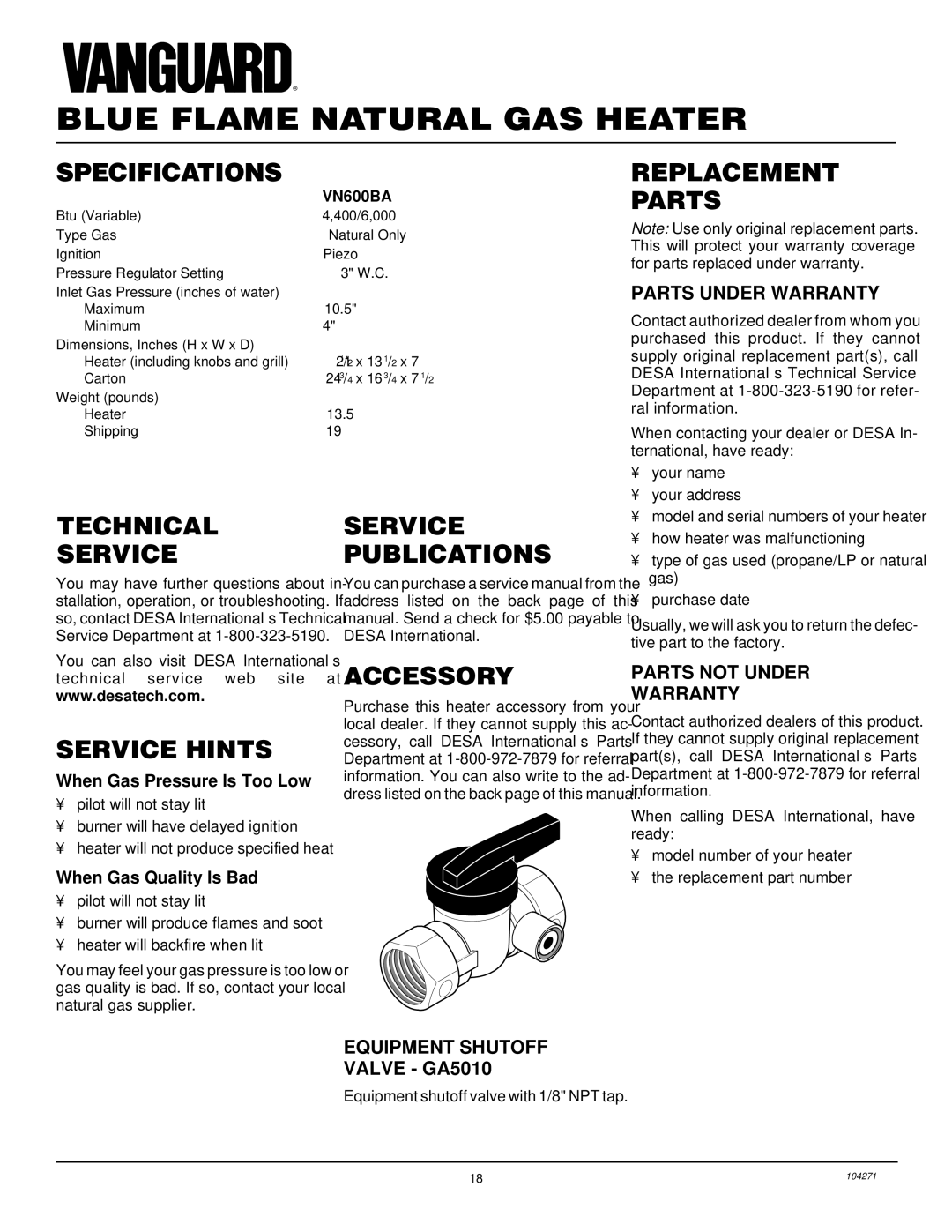 Desa VN600BA Specifications, Replacement Parts, Technical Service, Service Hints, Service Publications Accessory 