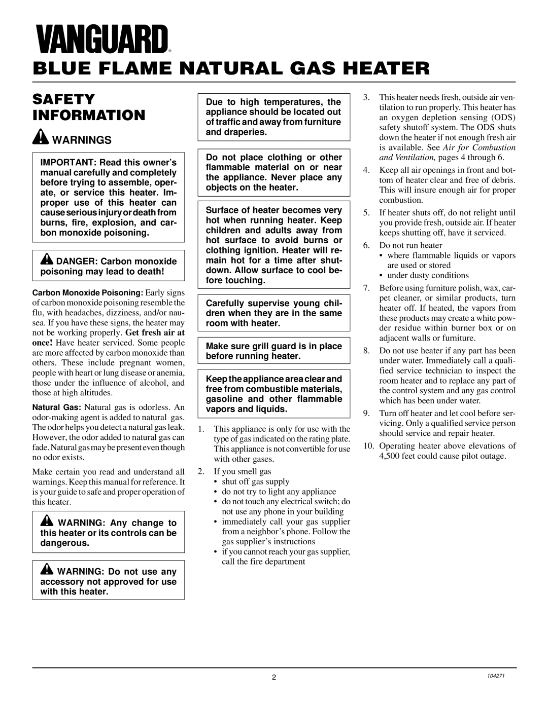 Desa VN600BA installation manual Blue Flame Natural GAS Heater, Safety Information 