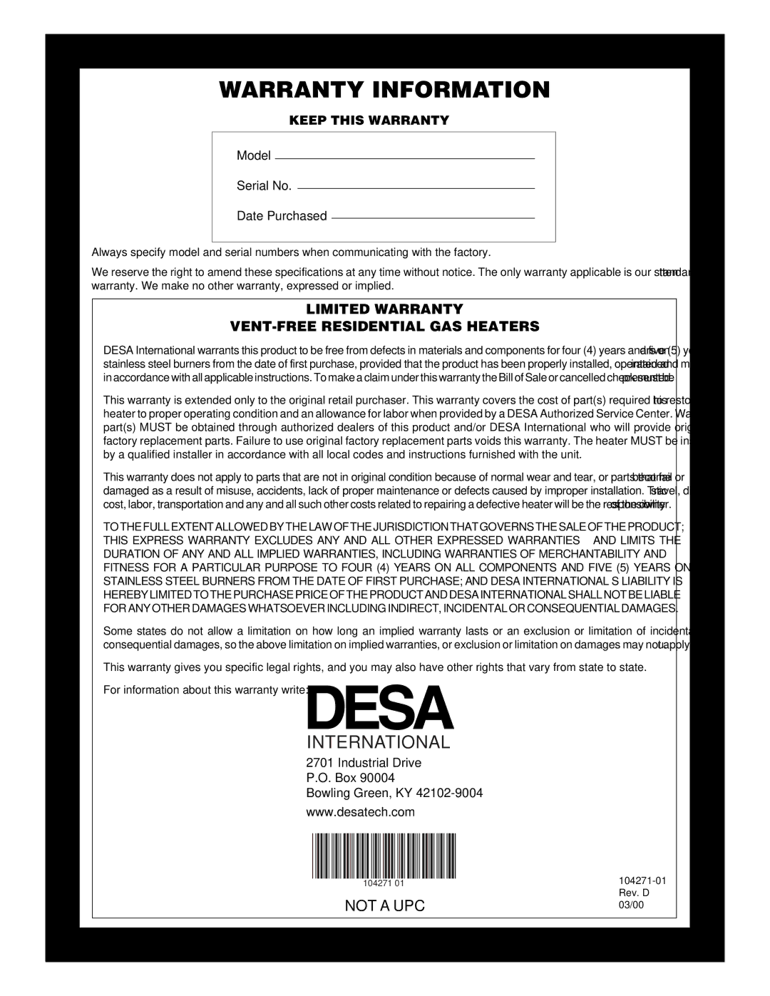 Desa VN600BA installation manual Warranty Information 