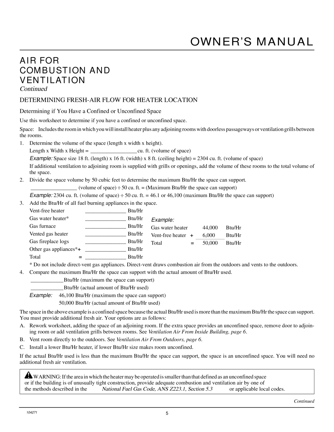 Desa VN600BA installation manual AIR for Combustion Ventilation, Determining FRESH-AIR Flow for Heater Location 