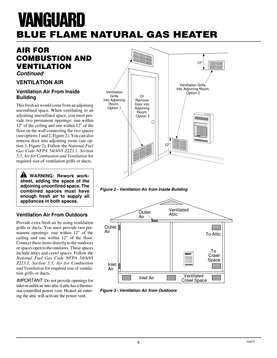 Desa VN600BA installation manual Ventilation AIR, Ventilation Air From Inside Building, Ventilation Air From Outdoors 