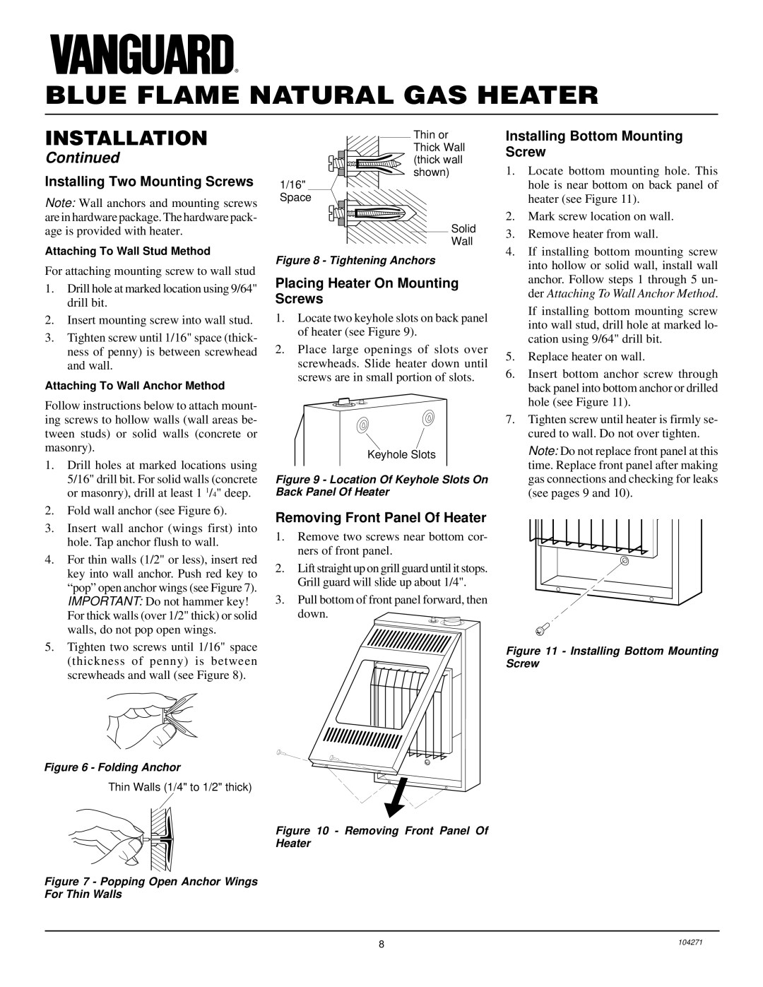 Desa VN600BA Installing Two Mounting Screws, Placing Heater On Mounting Screws, Installing Bottom Mounting Screw 