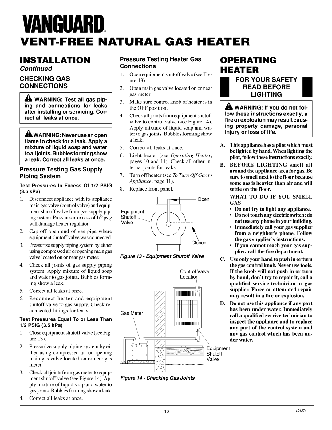 Desa VN6D installation manual Operating Heater, Checking GAS Connections, For Your Safety Read Before Lighting 