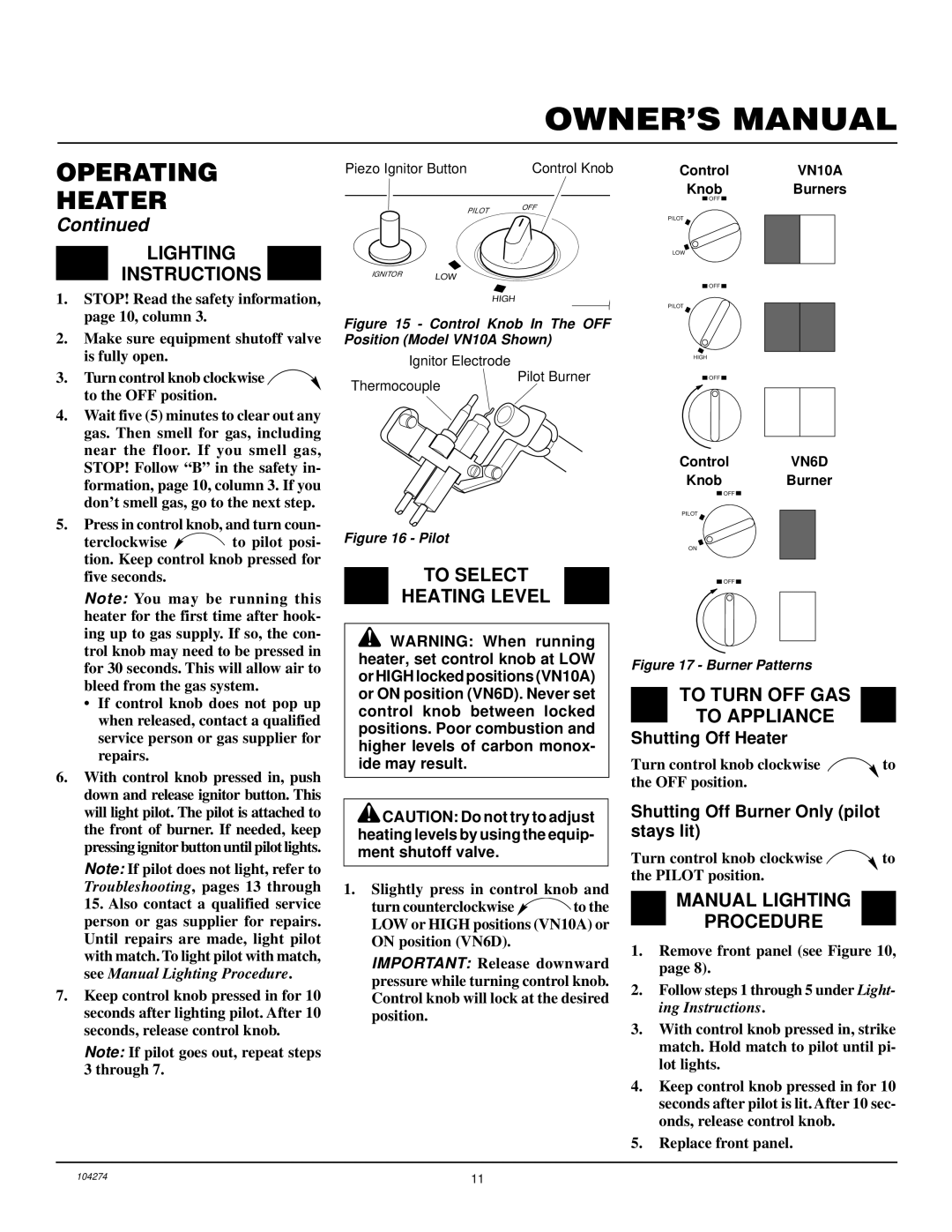 Desa VN6D Lighting Instructions, To Select Heating Level, To Turn OFF GAS To Appliance, Manual Lighting Procedure 