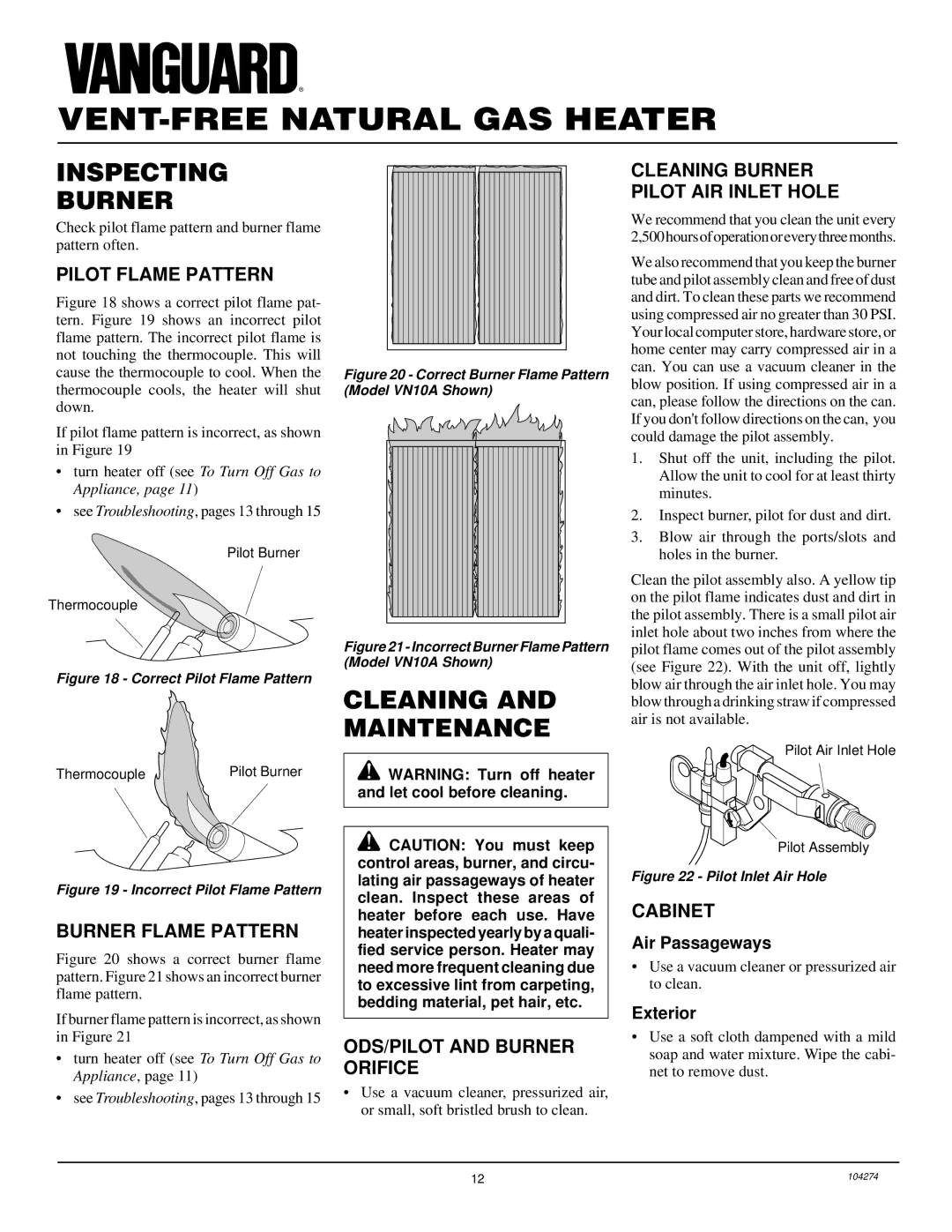 Desa VN6D installation manual Inspecting Burner, Cleaning and Maintenance 