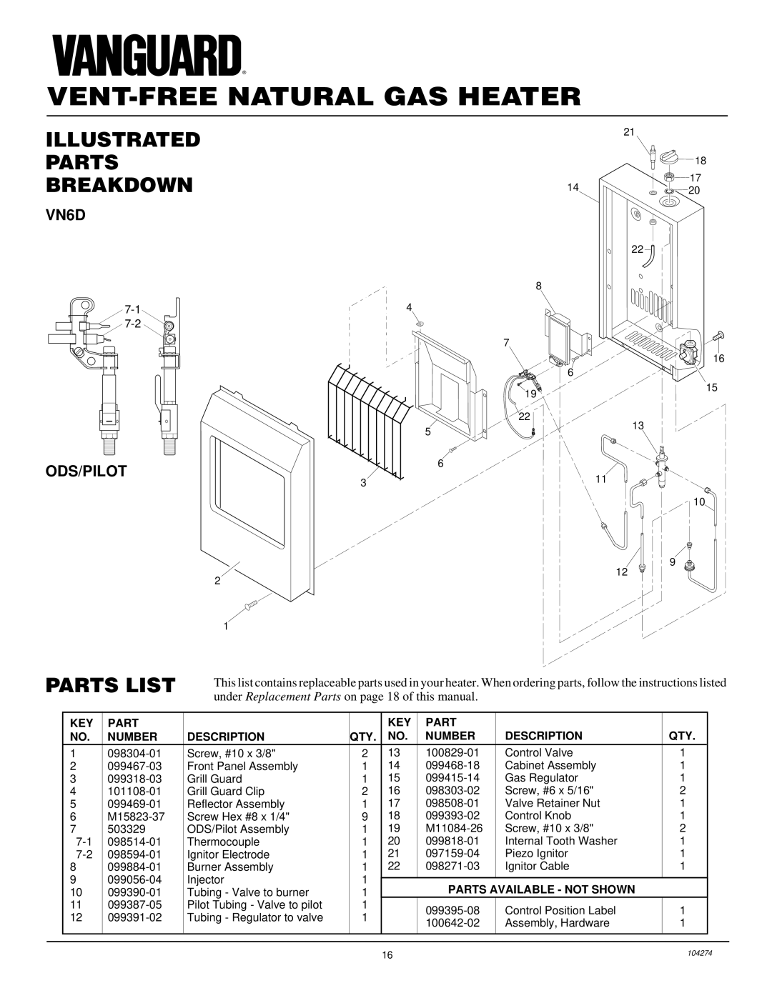 Desa installation manual Illustrated Parts Breakdown, Parts List, VN6D ODS/PILOT 