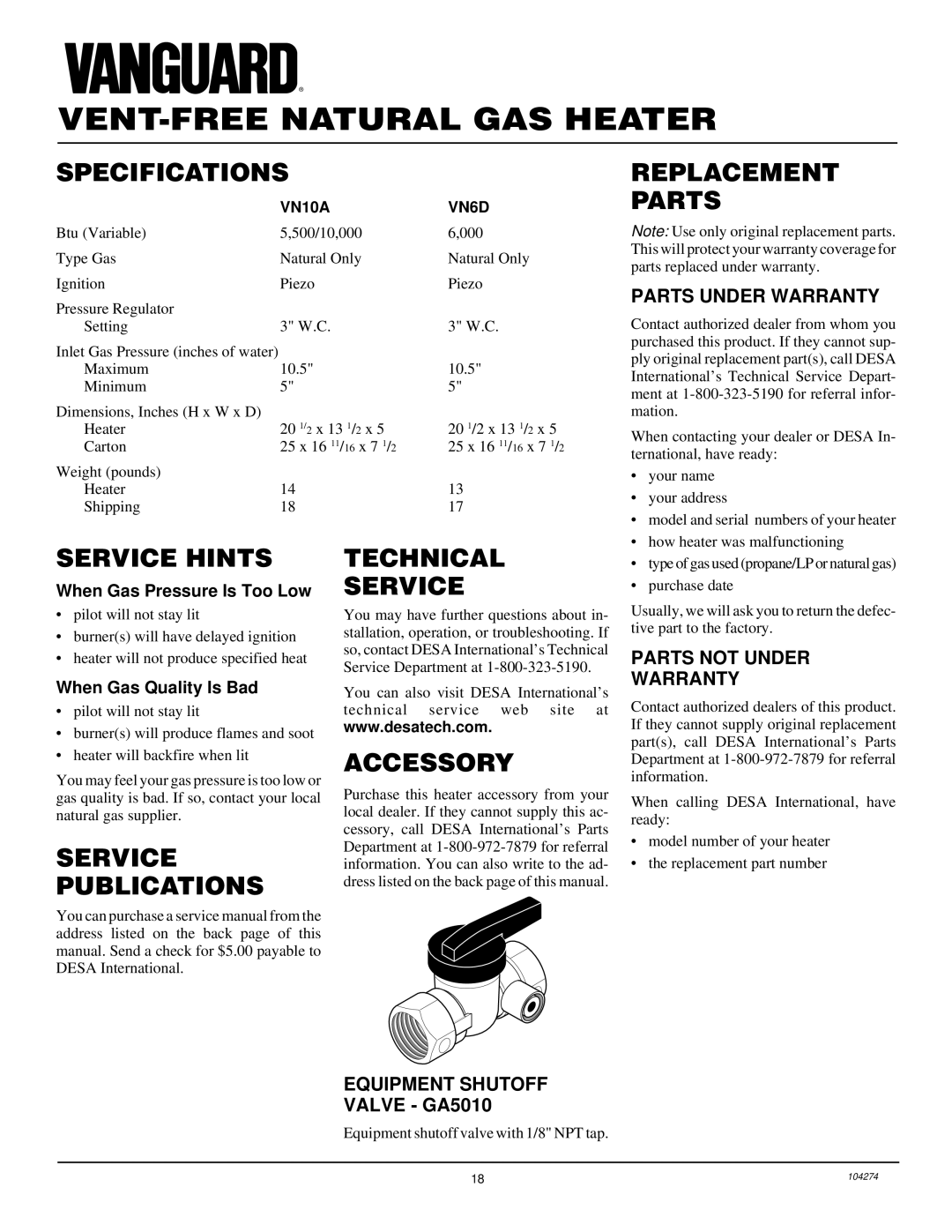 Desa VN6D installation manual Specifications, Replacement Parts, Service Hints, Service Publications Technical, Accessory 