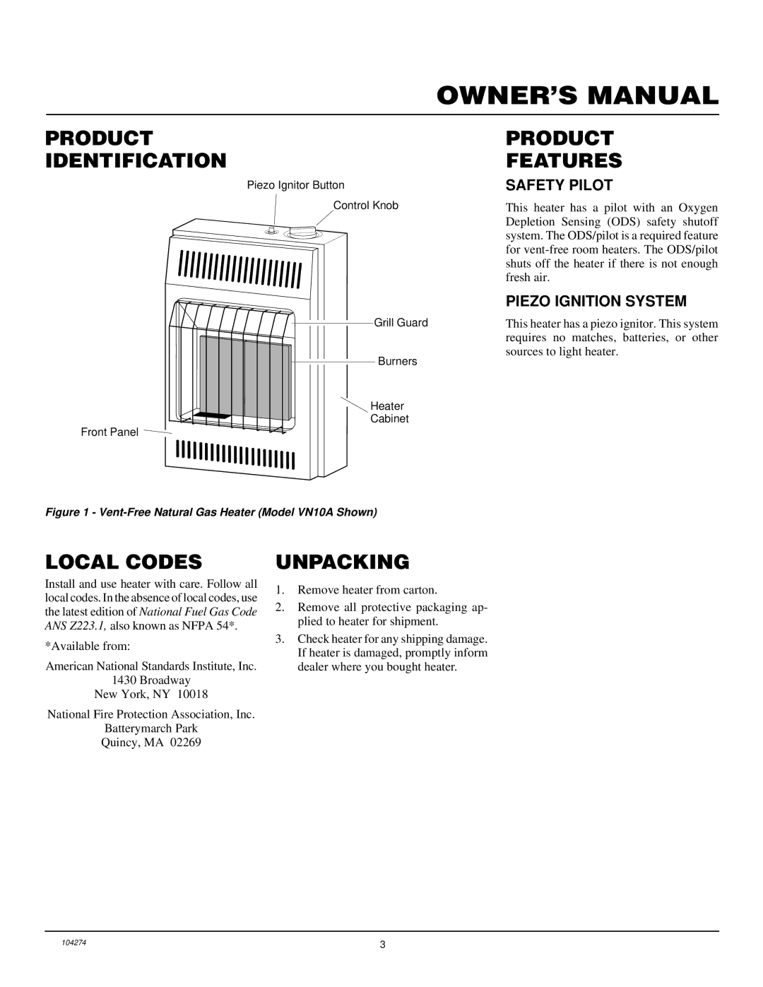 Desa VN6D Productproduct Identificationfeatures, Local Codes, Unpacking, Safety Pilot, Piezo Ignition System 