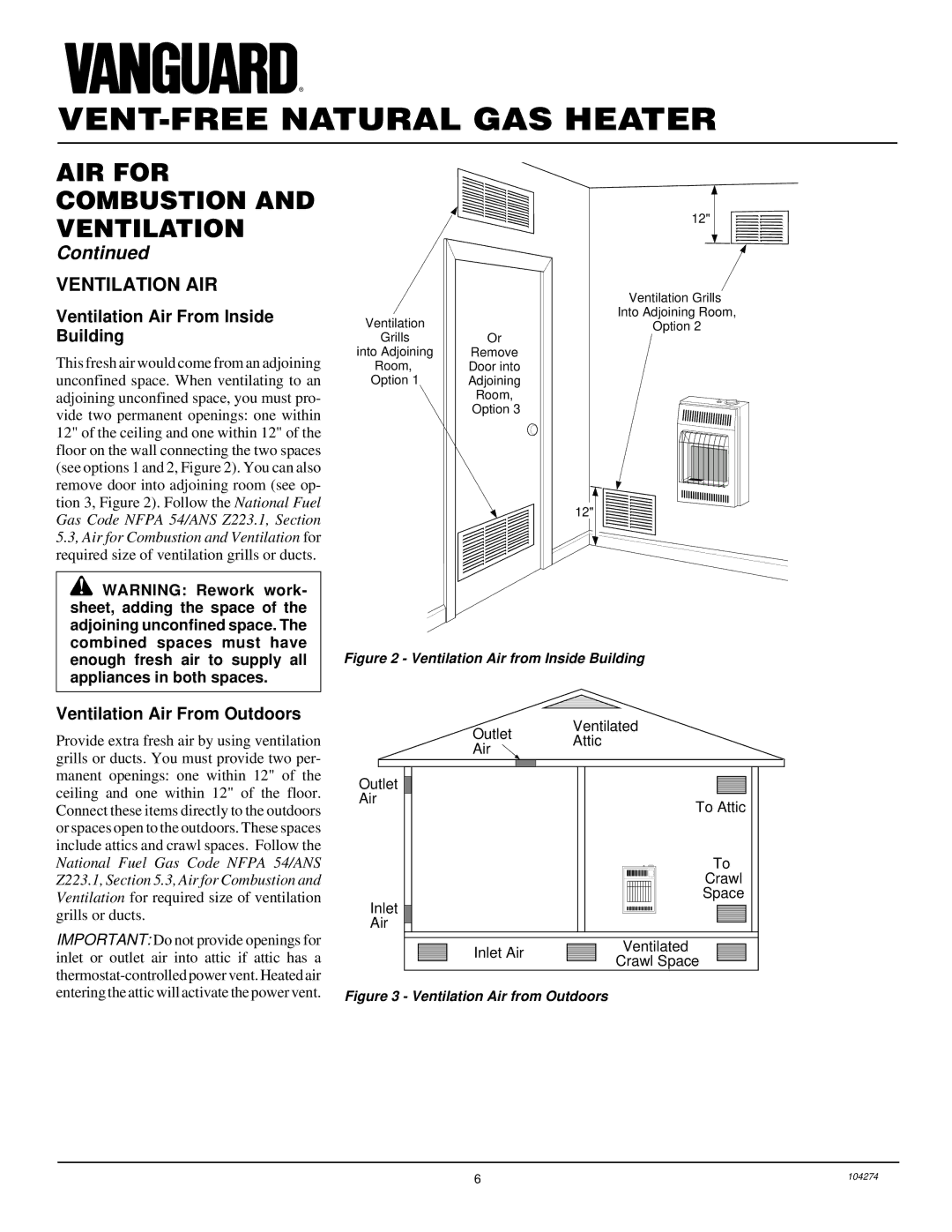 Desa VN6D installation manual Ventilation AIR, Ventilation Air From Inside Building, Ventilation Air From Outdoors 