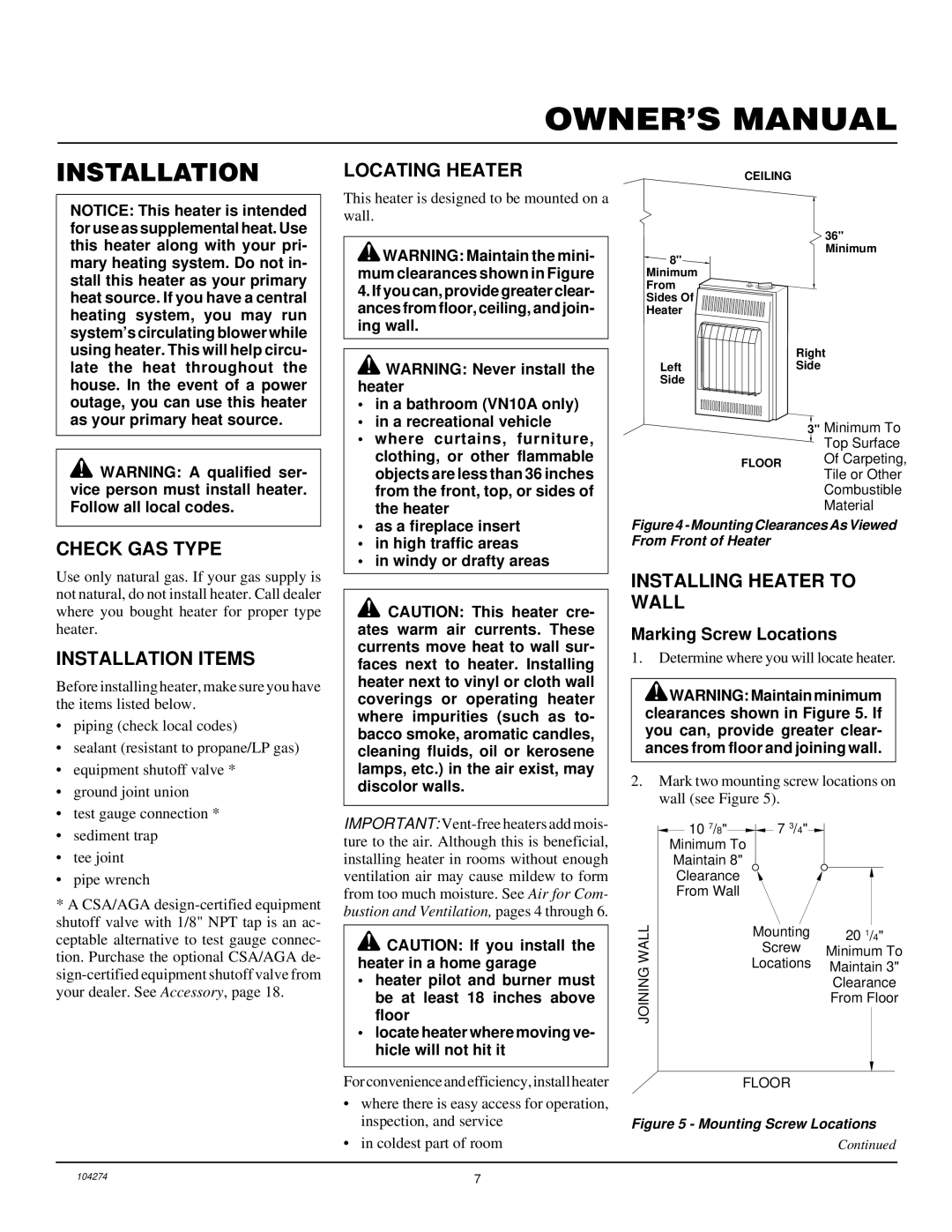 Desa VN6D installation manual Check GAS Type, Installation Items, Locating Heater, Installing Heater to Wall 