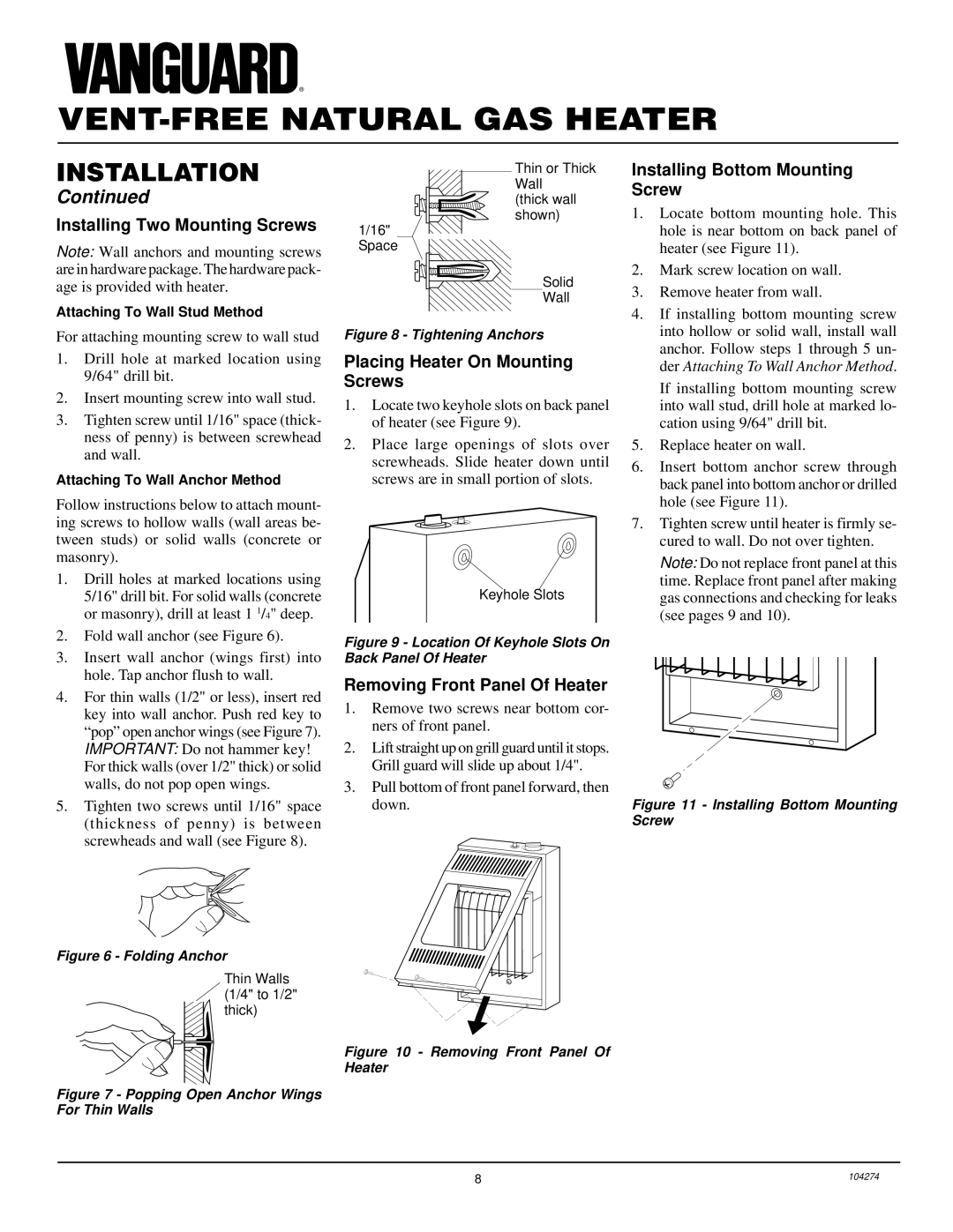 Desa VN6D Installing Two Mounting Screws, Placing Heater On Mounting Screws, Removing Front Panel Of Heater 