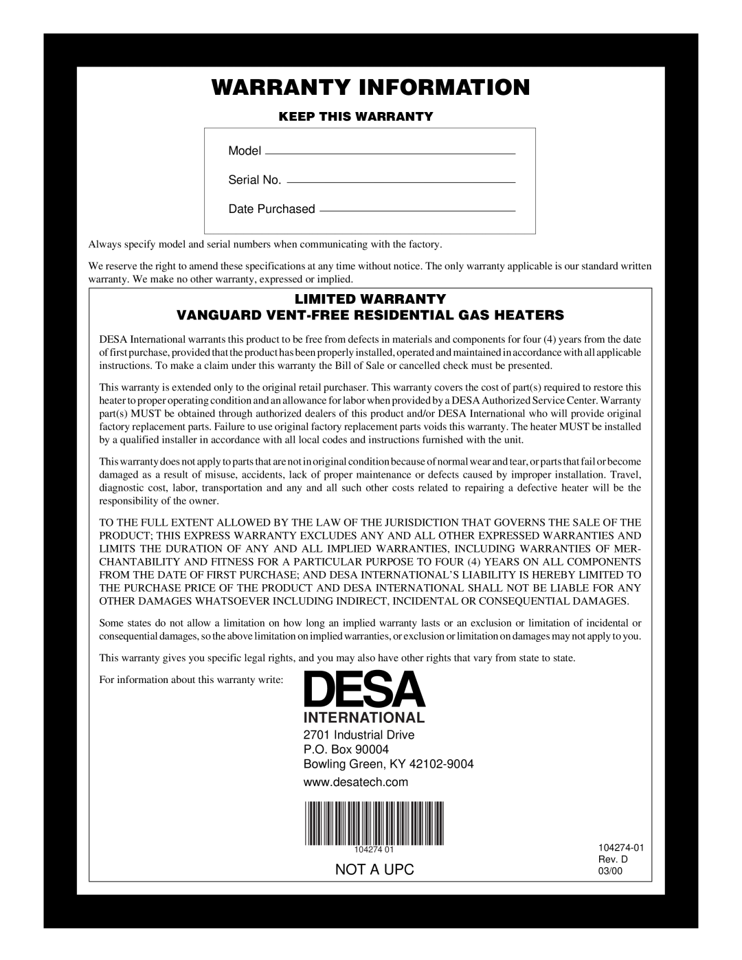 Desa VN6D installation manual Not A Upc, Warranty Information, International, Model Serial No Date Purchased 