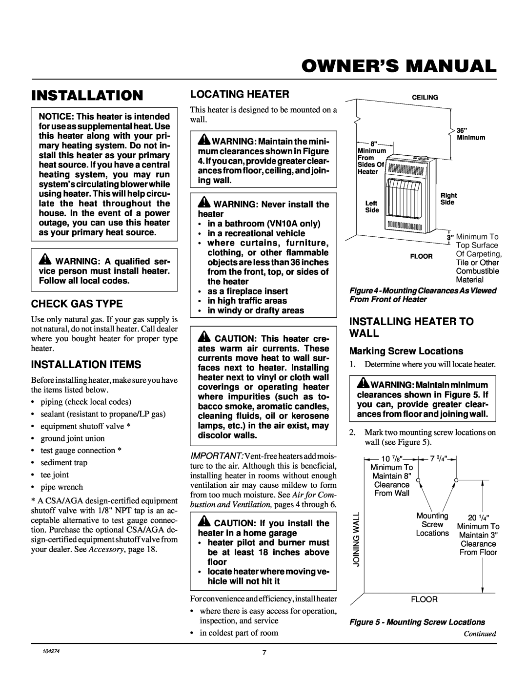Desa VN6D Owner’S Manual, Check Gas Type, Installation Items, Locating Heater, Installing Heater To Wall 