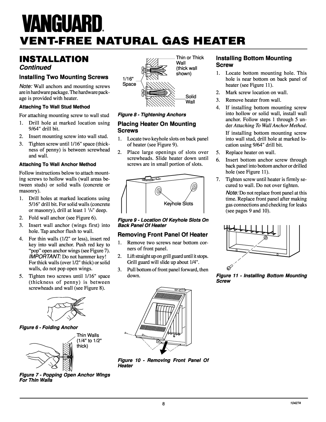 Desa VN6D installation manual Vent-Free Natural Gas Heater, Installation, Continued, Installing Two Mounting Screws 