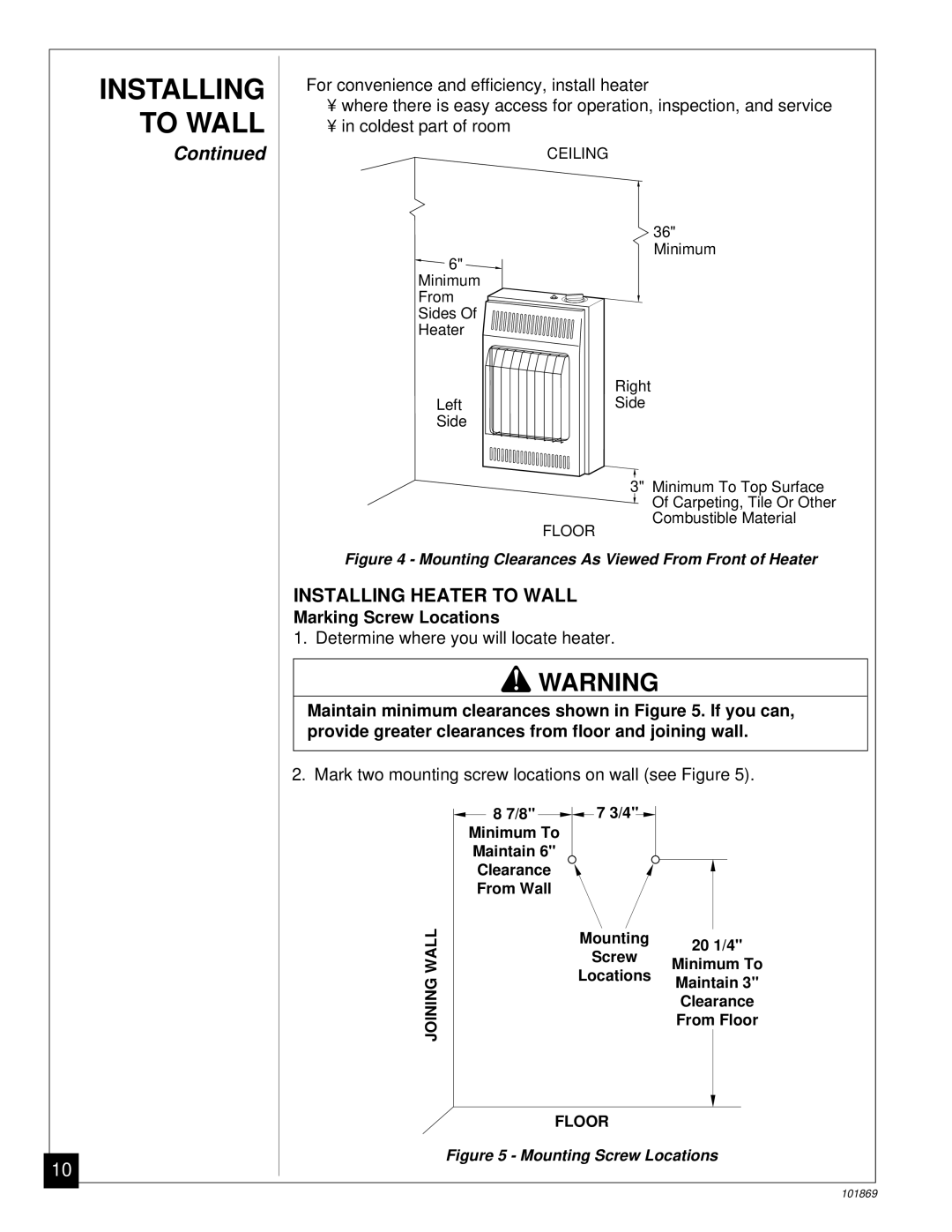 Desa VP1000BA, VP600B installation manual Installing Heater to Wall, Marking Screw Locations 