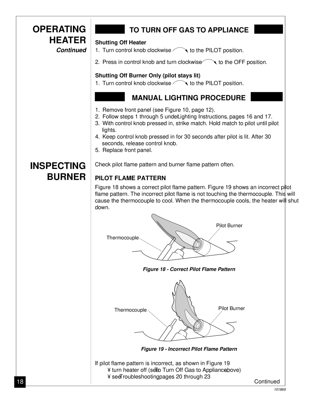 Desa VP1000BA, VP600B installation manual Operating Heater Inspecting Burner, Pilot Flame Pattern, Shutting Off Heater 