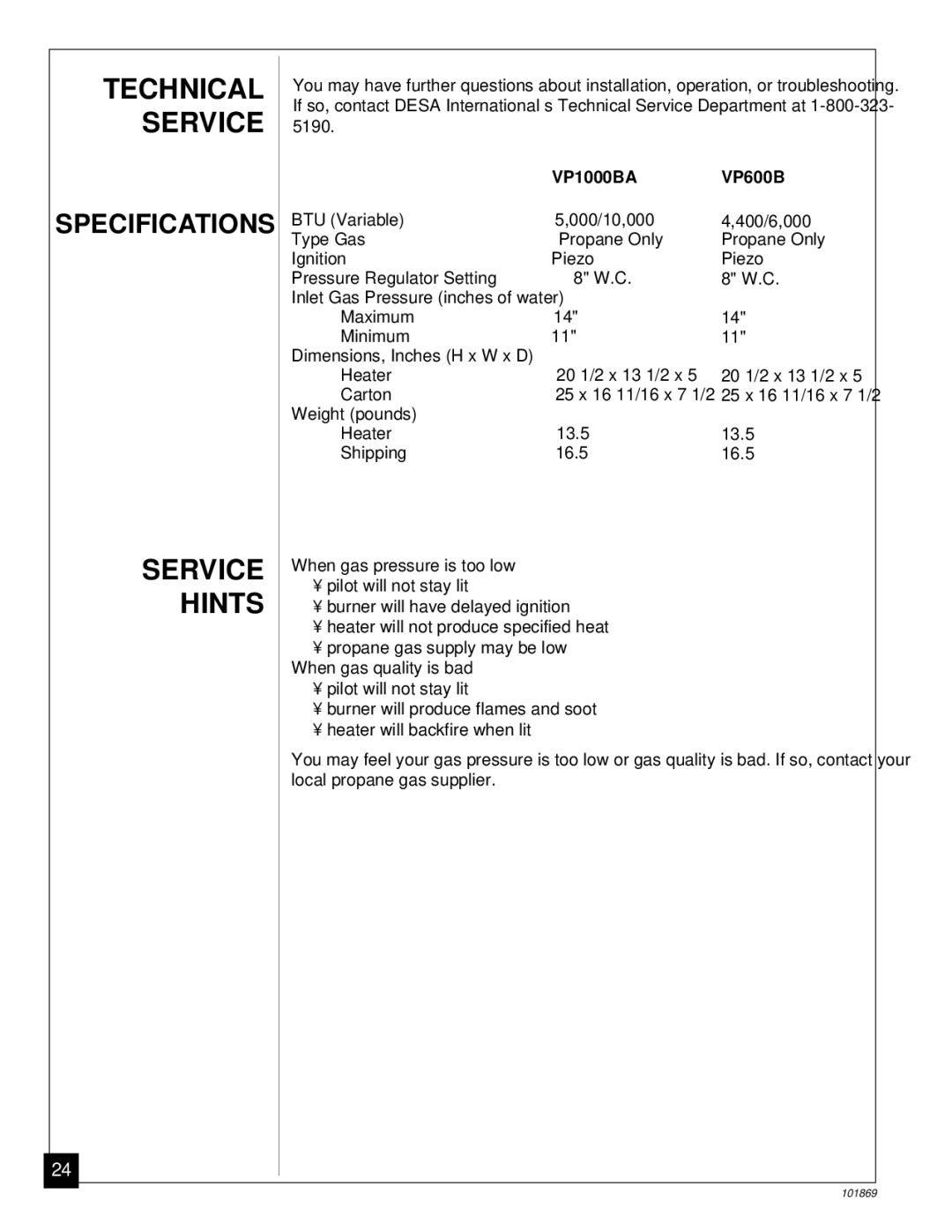 Desa installation manual Technical Service, Service Hints, VP1000BA VP600B 