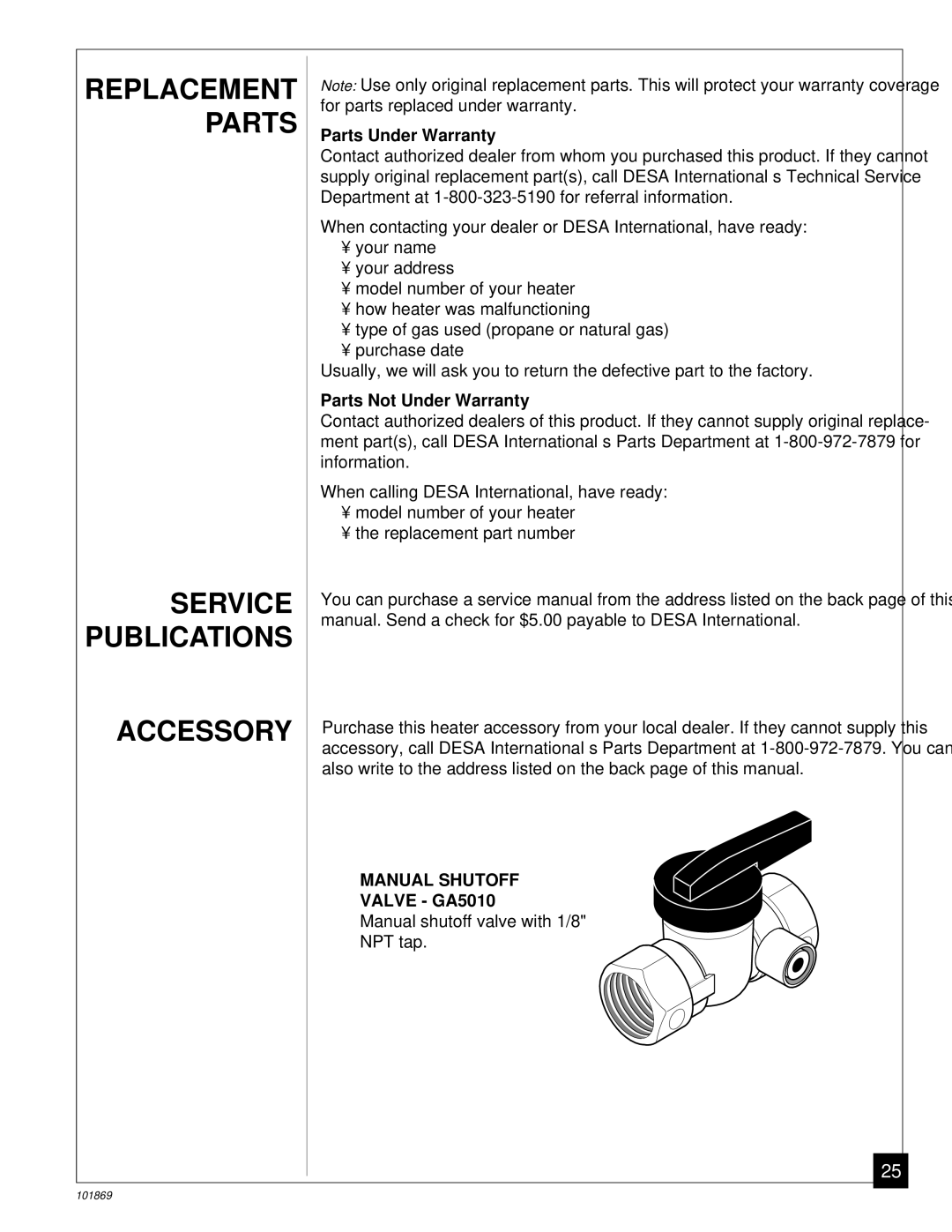 Desa VP600B Replacement Parts Service Publications Accessory, Parts Under Warranty, Parts Not Under Warranty, Valve GA5010 