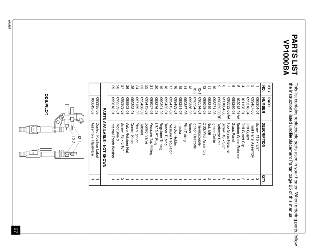 Desa VP600B installation manual Parts List VP1000BA 