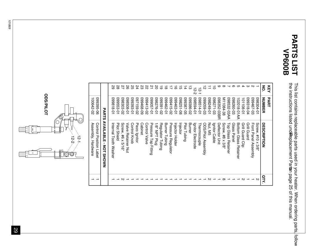 Desa VP1000BA installation manual Parts List VP600B 