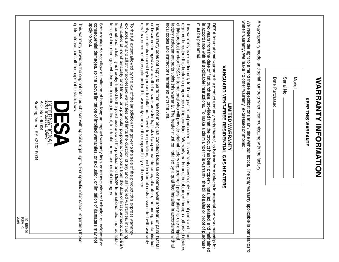 Desa VP1000BA, VP600B installation manual Warranty Information, Keep this Warranty 