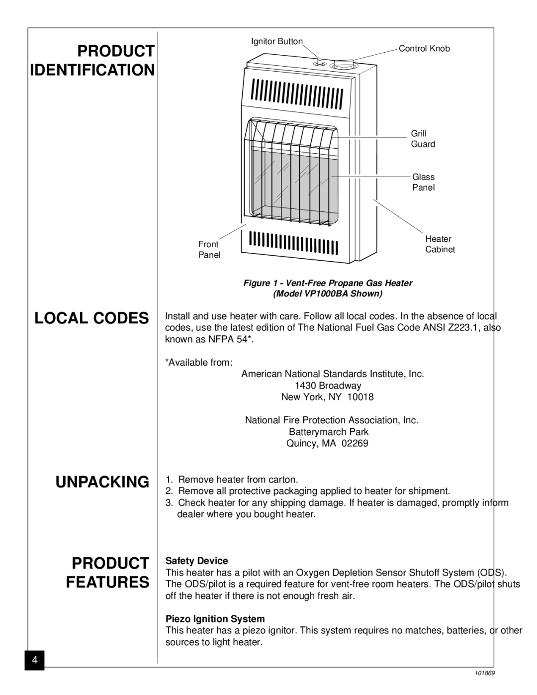 Desa VP1000BA, VP600B Product Identification, Local Codes Unpacking Product Features, Safety Device, Piezo Ignition System 