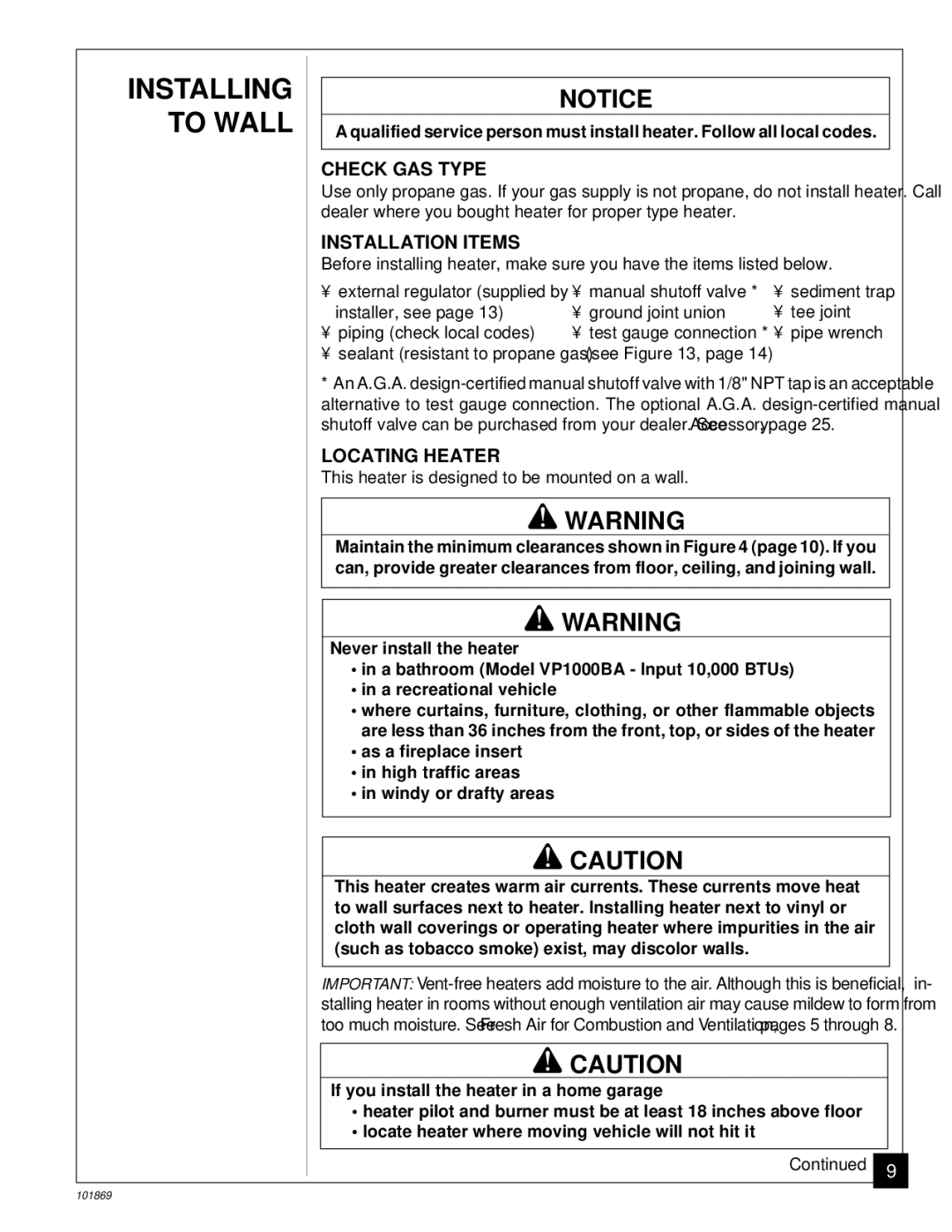 Desa VP600B, VP1000BA installation manual Check GAS Type, Installation Items, Locating Heater 