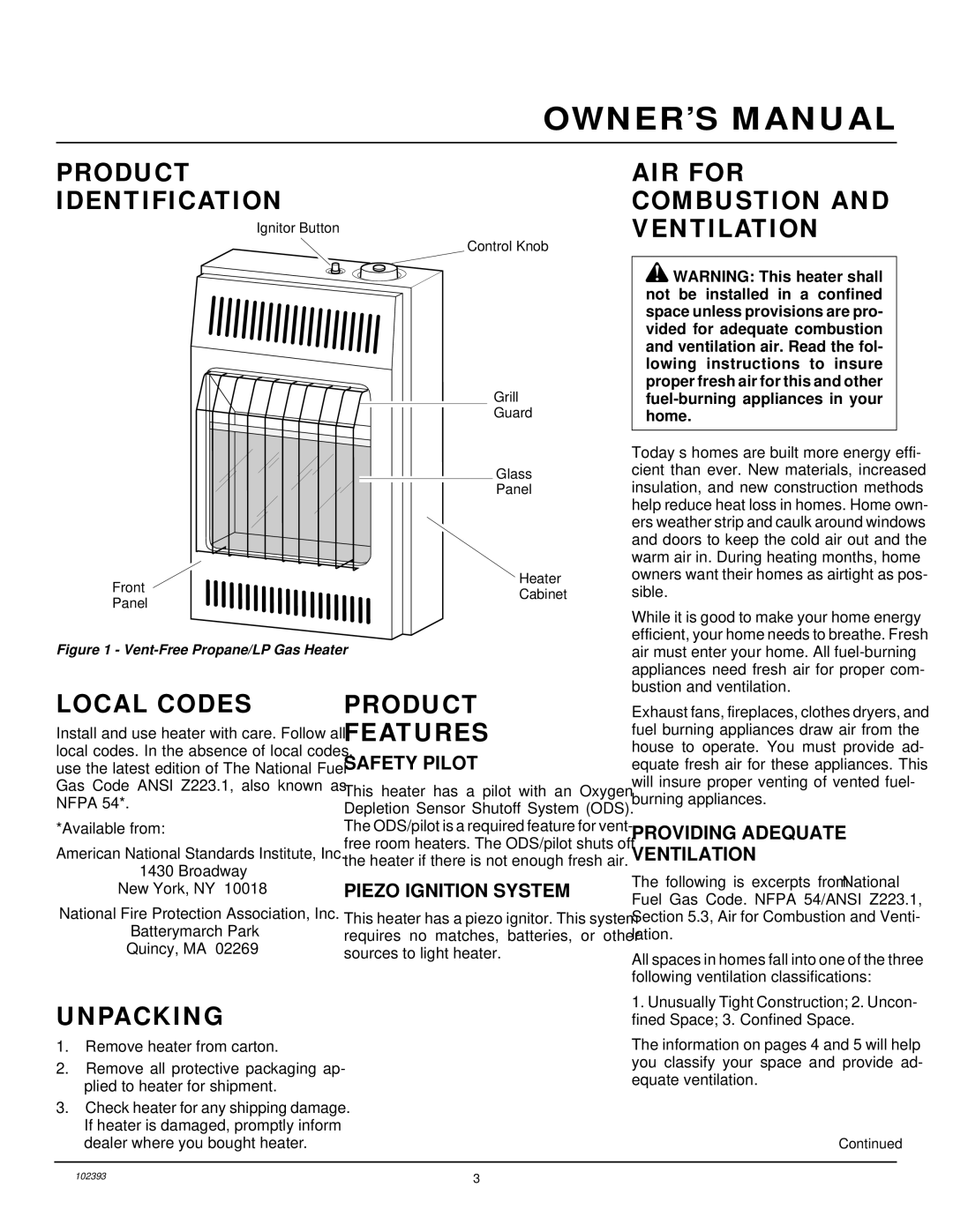 Desa VP1000BT Product Identification, AIR for Combustion and Ventilation, Local Codes, Product Features, Unpacking 