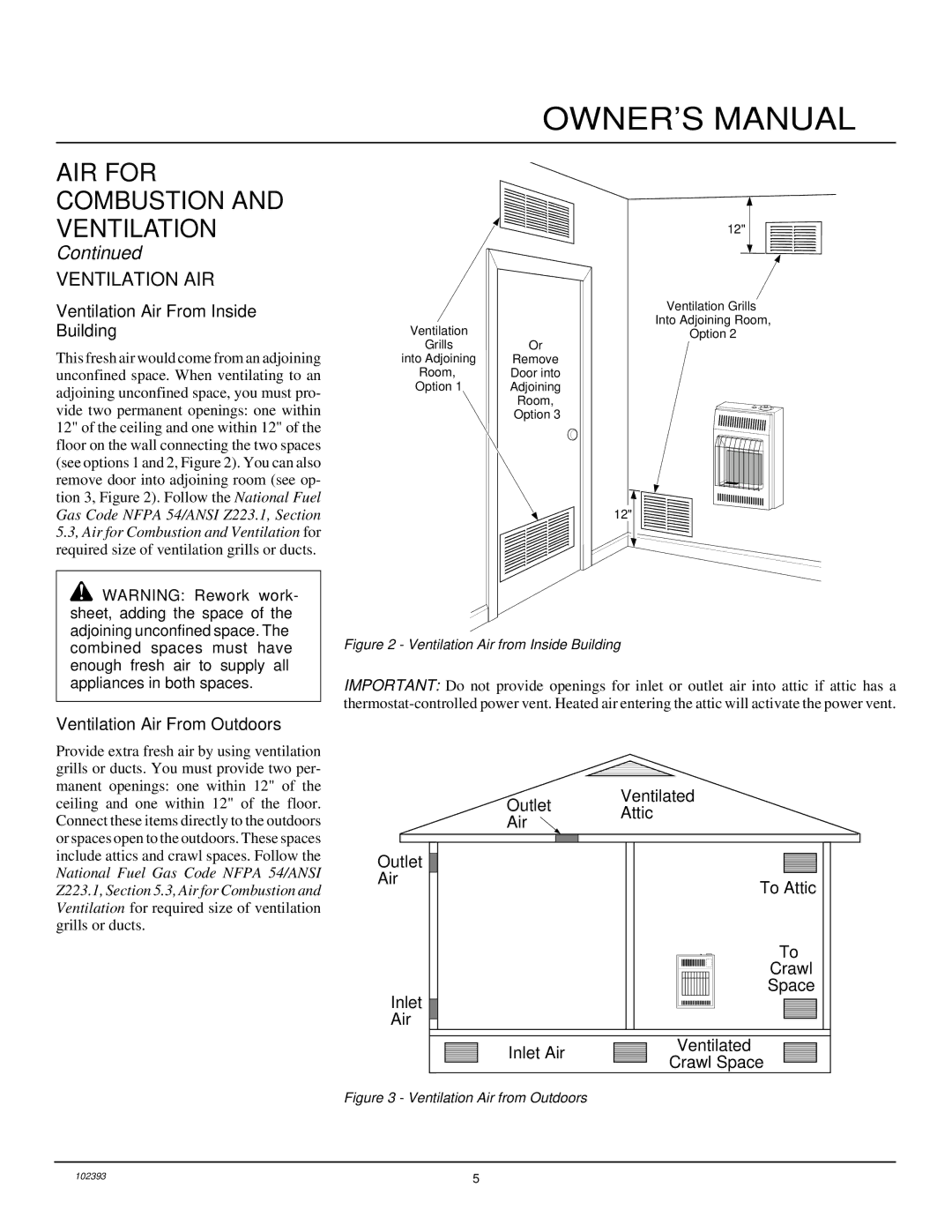 Desa VP1000BT installation manual Ventilation AIR, Ventilation Air From Inside Building, Ventilation Air From Outdoors 