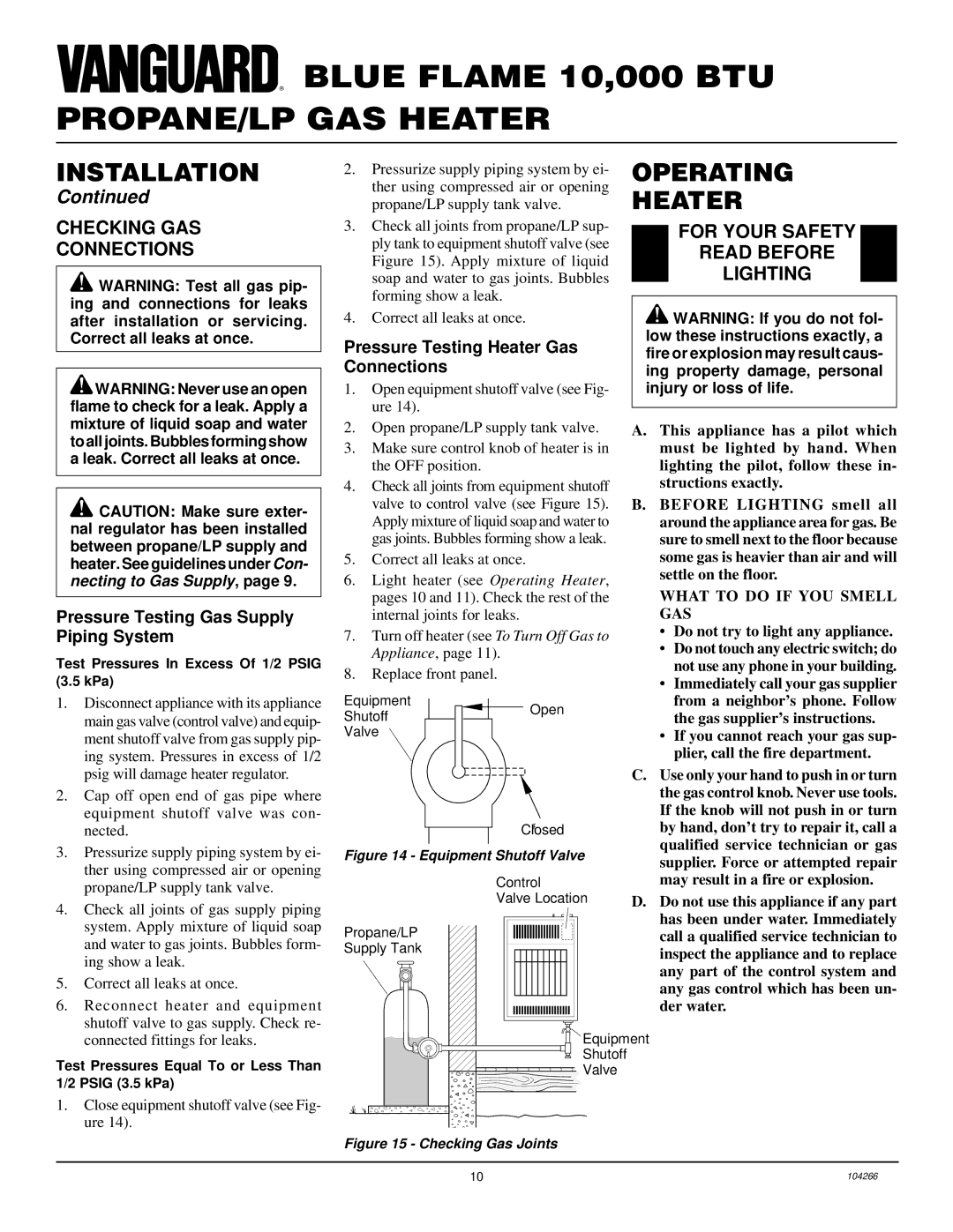 Desa VP1000BTA installation manual Operating Heater, Checking GAS Connections, For Your Safety Read Before Lighting 