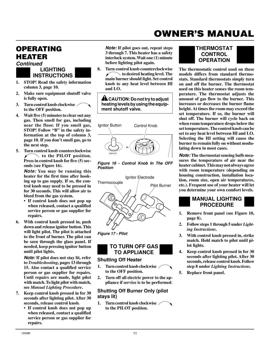 Desa VP1000BTA installation manual Lighting Instructions, To Turn OFF GAS To Appliance, Thermostat Control Operation 