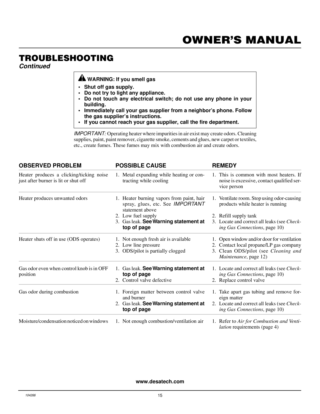 Desa VP1000BTA installation manual Gas leak. See Warning statement at 