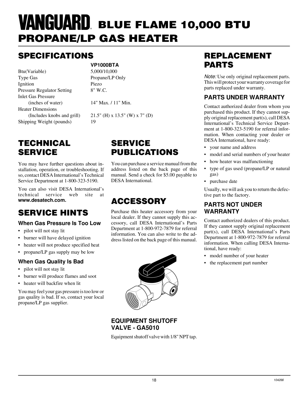 Desa VP1000BTA Specifications, Replacement Parts, Technical Service, Service Hints, Service Publications Accessory 