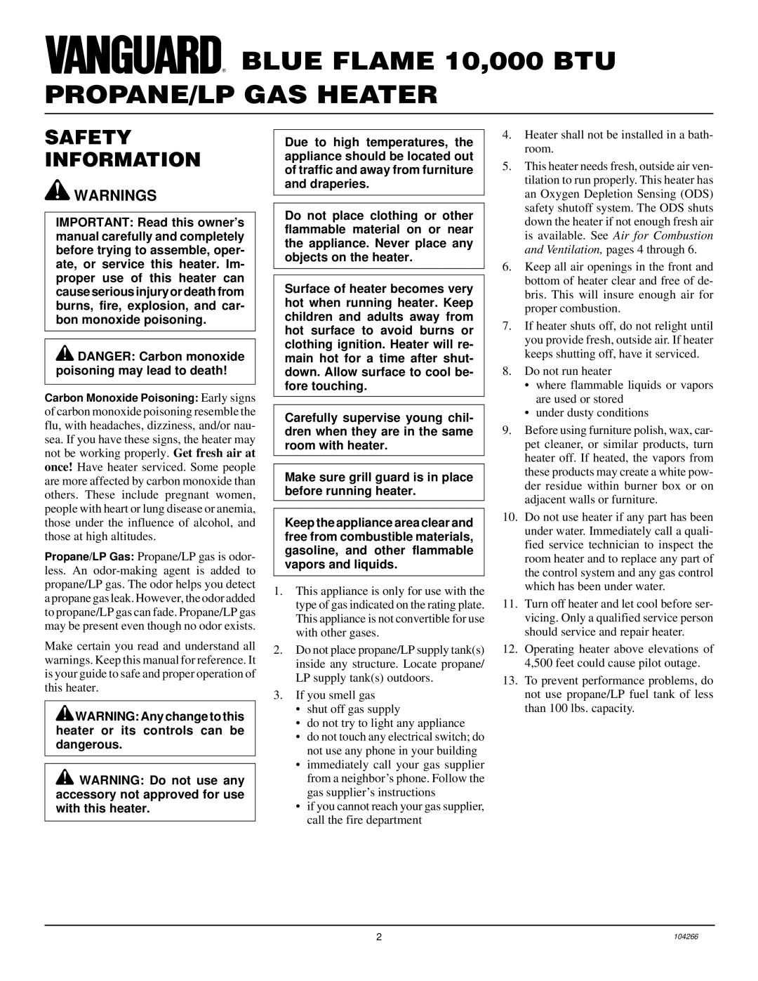 Desa VP1000BTA installation manual PROPANE/LP GAS Heater, Safety Information 