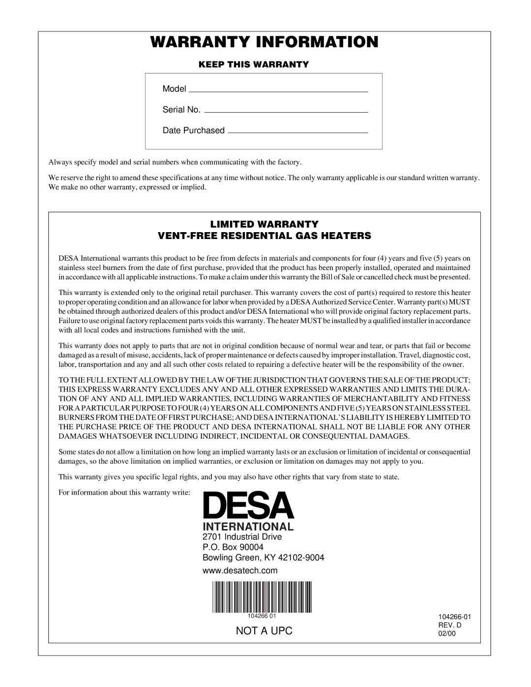 Desa VP1000BTA installation manual Warranty Information 