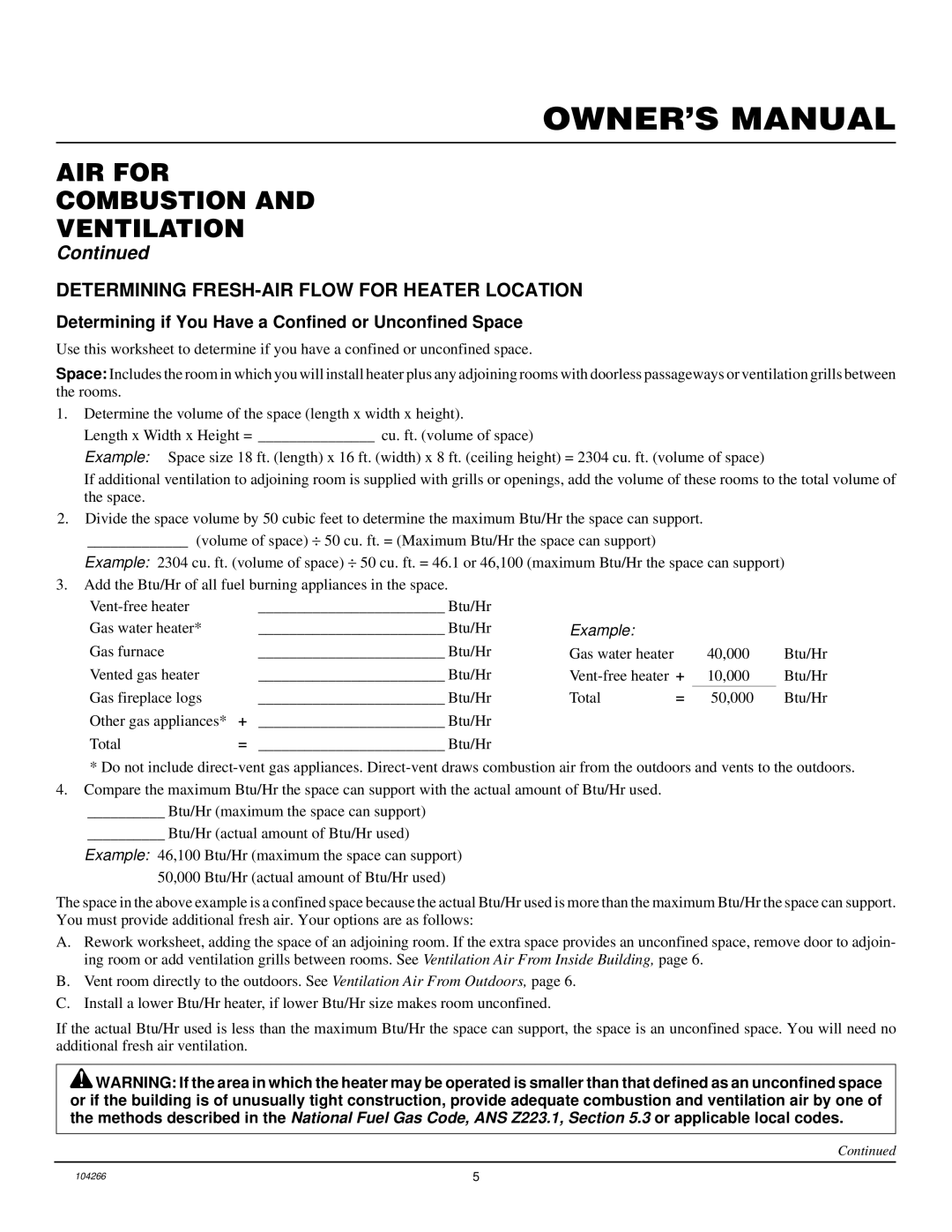 Desa VP1000BTA installation manual AIR for Combustion Ventilation, Determining FRESH-AIR Flow for Heater Location 