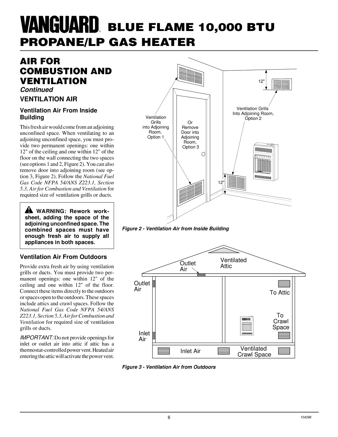 Desa VP1000BTA installation manual Ventilation AIR, Ventilation Air From Inside Building, Ventilation Air From Outdoors 