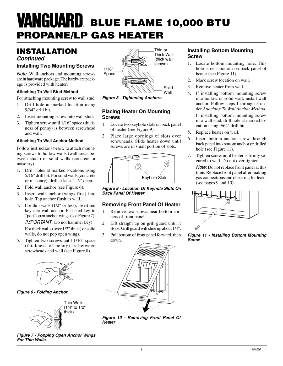 Desa VP1000BTA Installing Two Mounting Screws, Placing Heater On Mounting Screws, Removing Front Panel Of Heater 