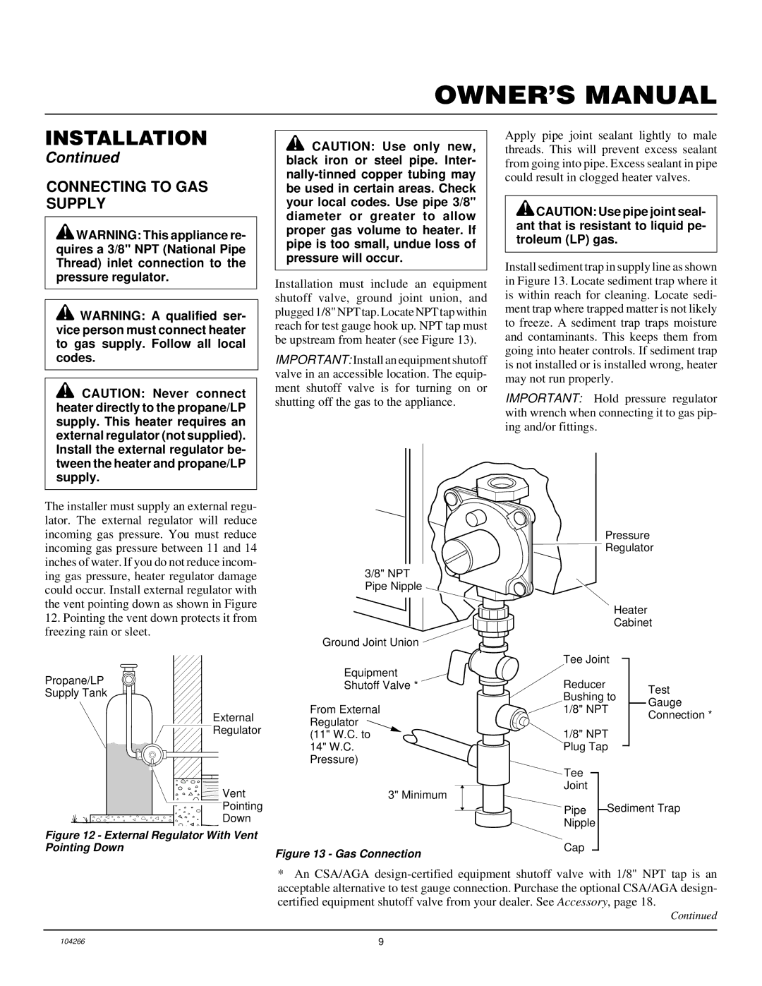 Desa VP1000BTA installation manual Connecting to GAS Supply, External Regulator With Vent Pointing Down 